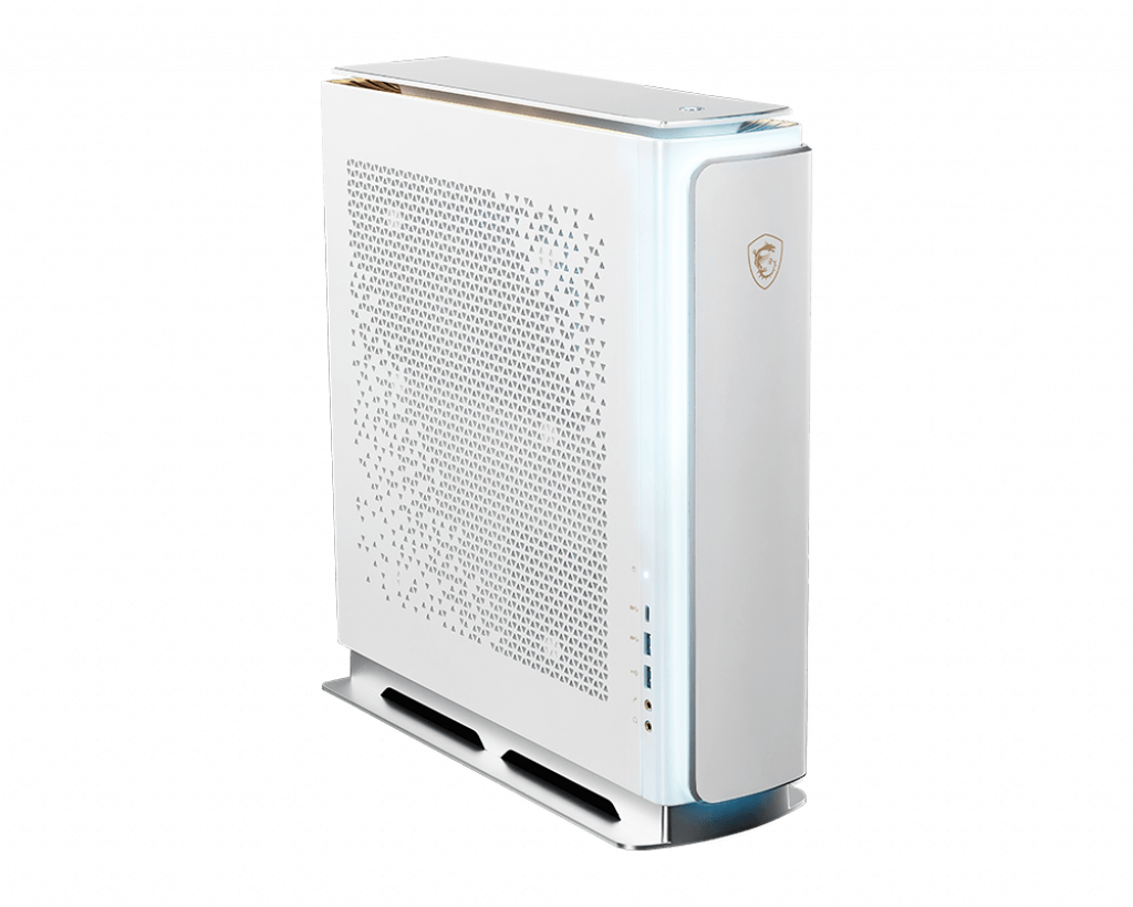 Carcasa de computadora MSI blanca con panel lateral ventilado y logo dorado sobre fondo blanco.