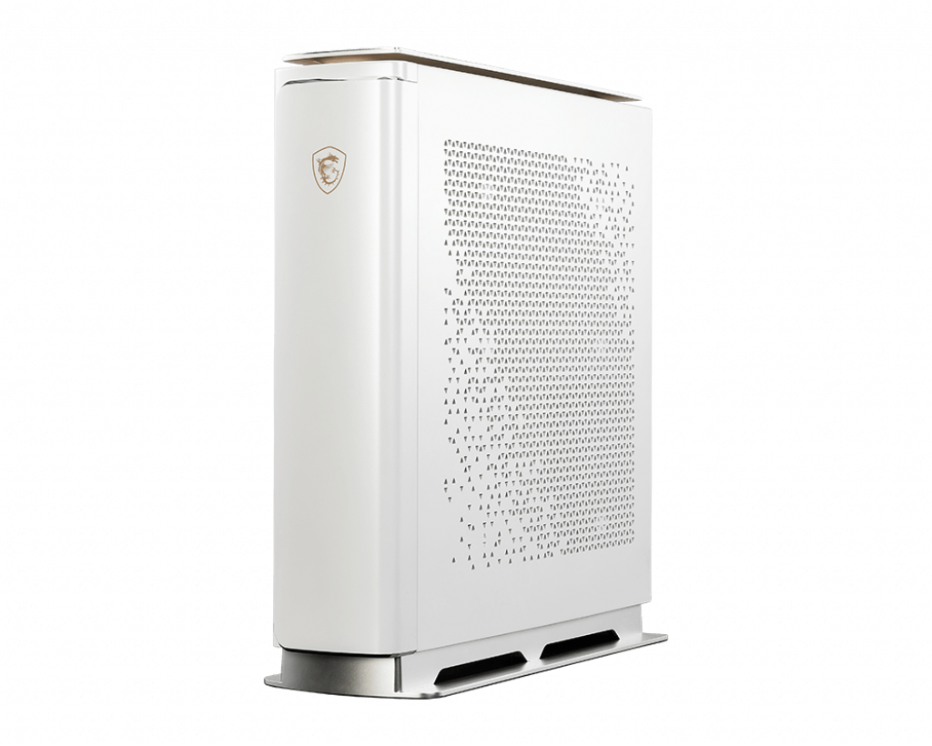 Una carcasa de computadora blanca con un logotipo dorado sobre un fondo blanco. La carcasa tiene un diseño único.