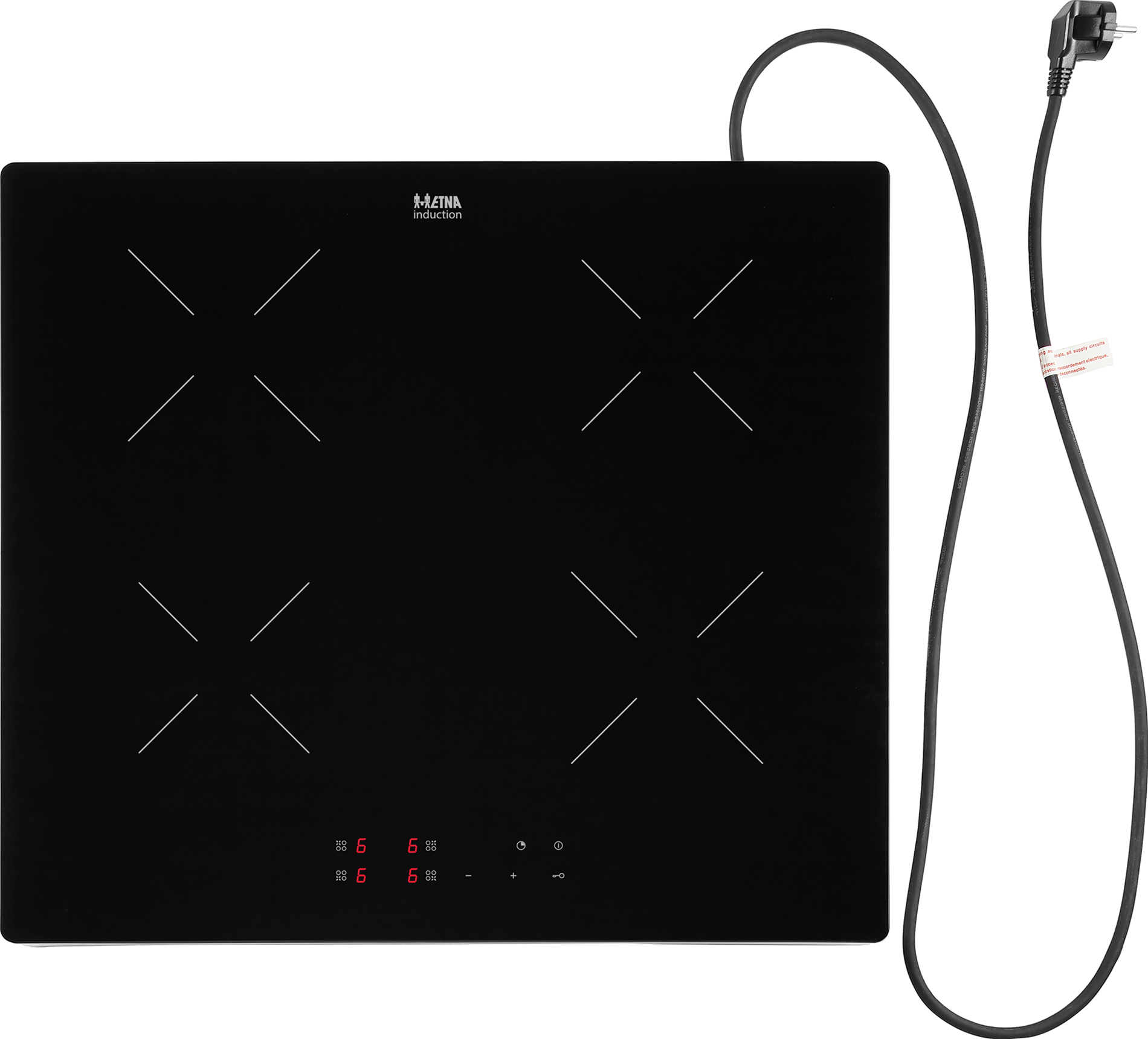 A black induction hob with four cooking zones and a power cord with a plug. Etna logo is visible.