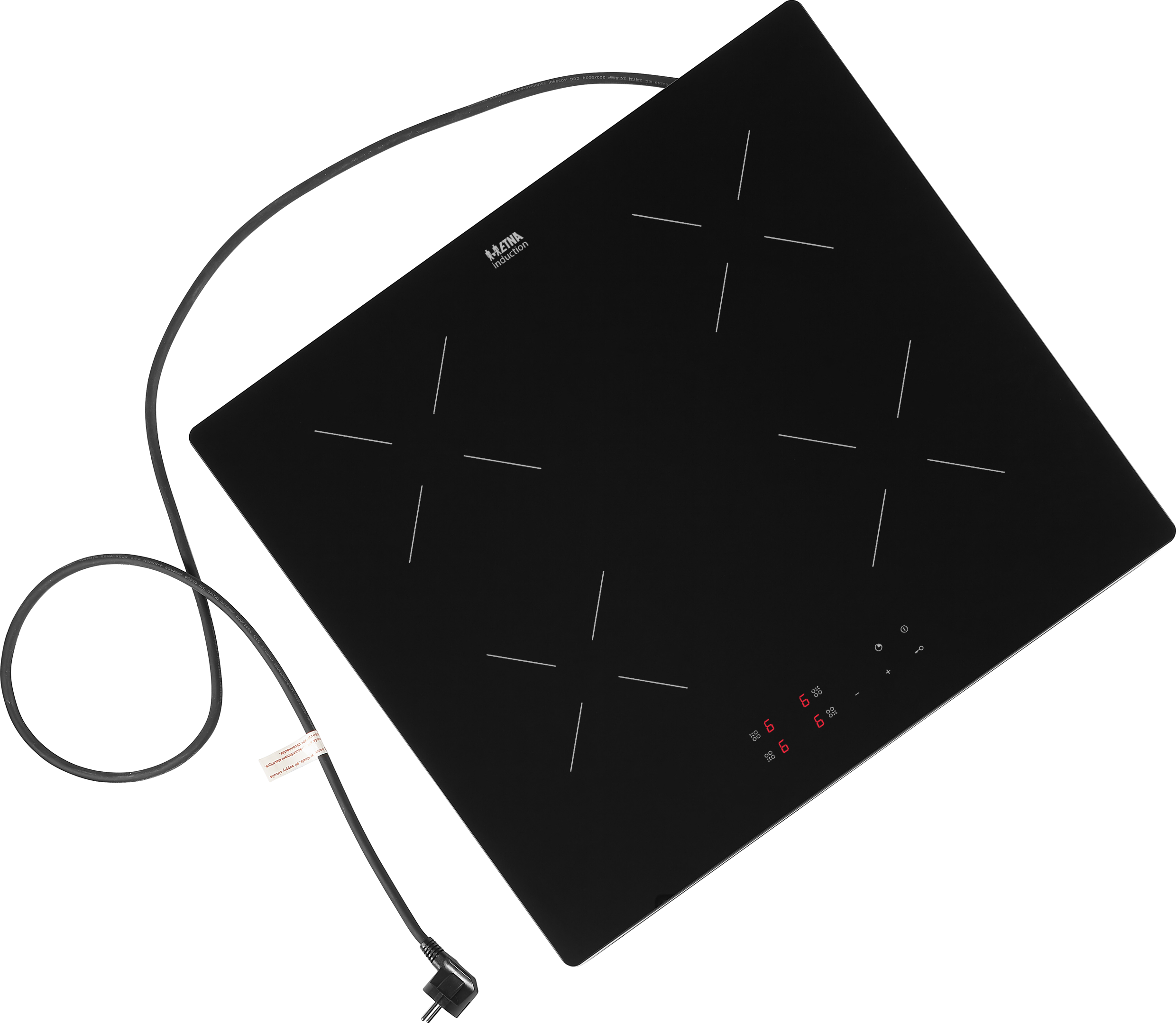 A black induction cooktop with four cooking zones and a digital display, with power cord attached.