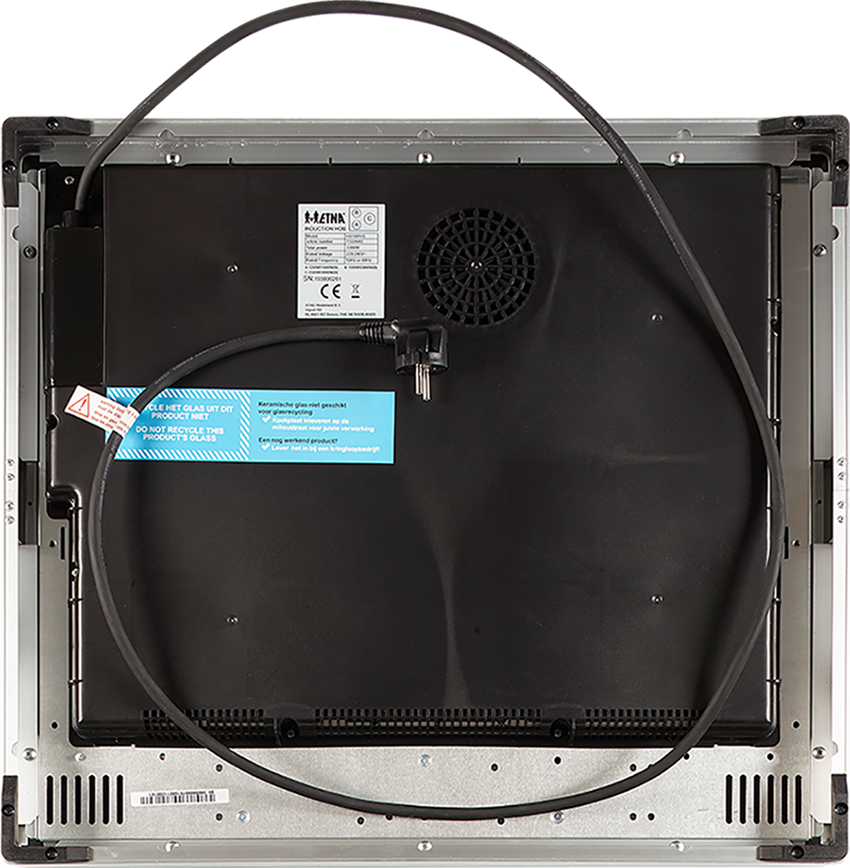 The underside of a black ceramic hob with a power cable and labels.