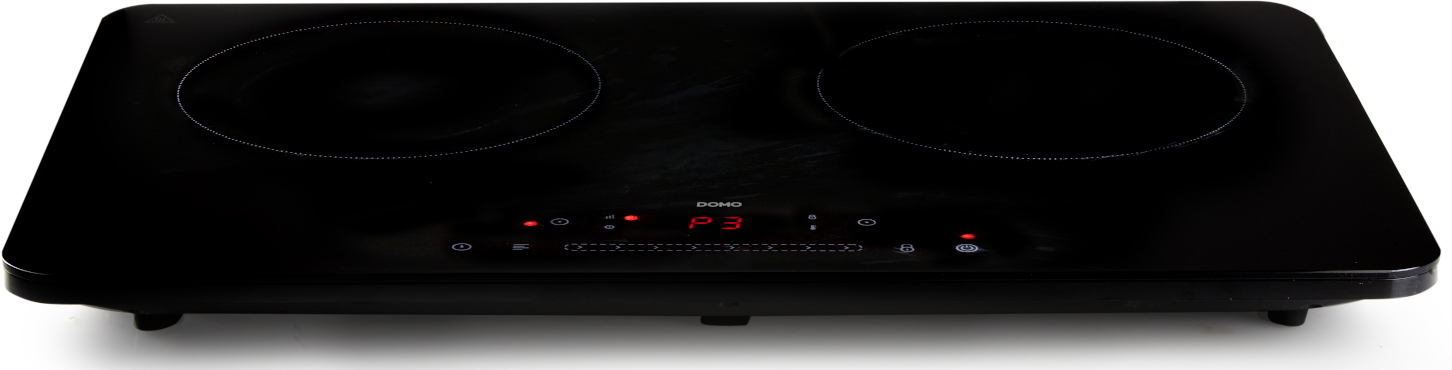Black induction cooktop with two circular burners and digital display.