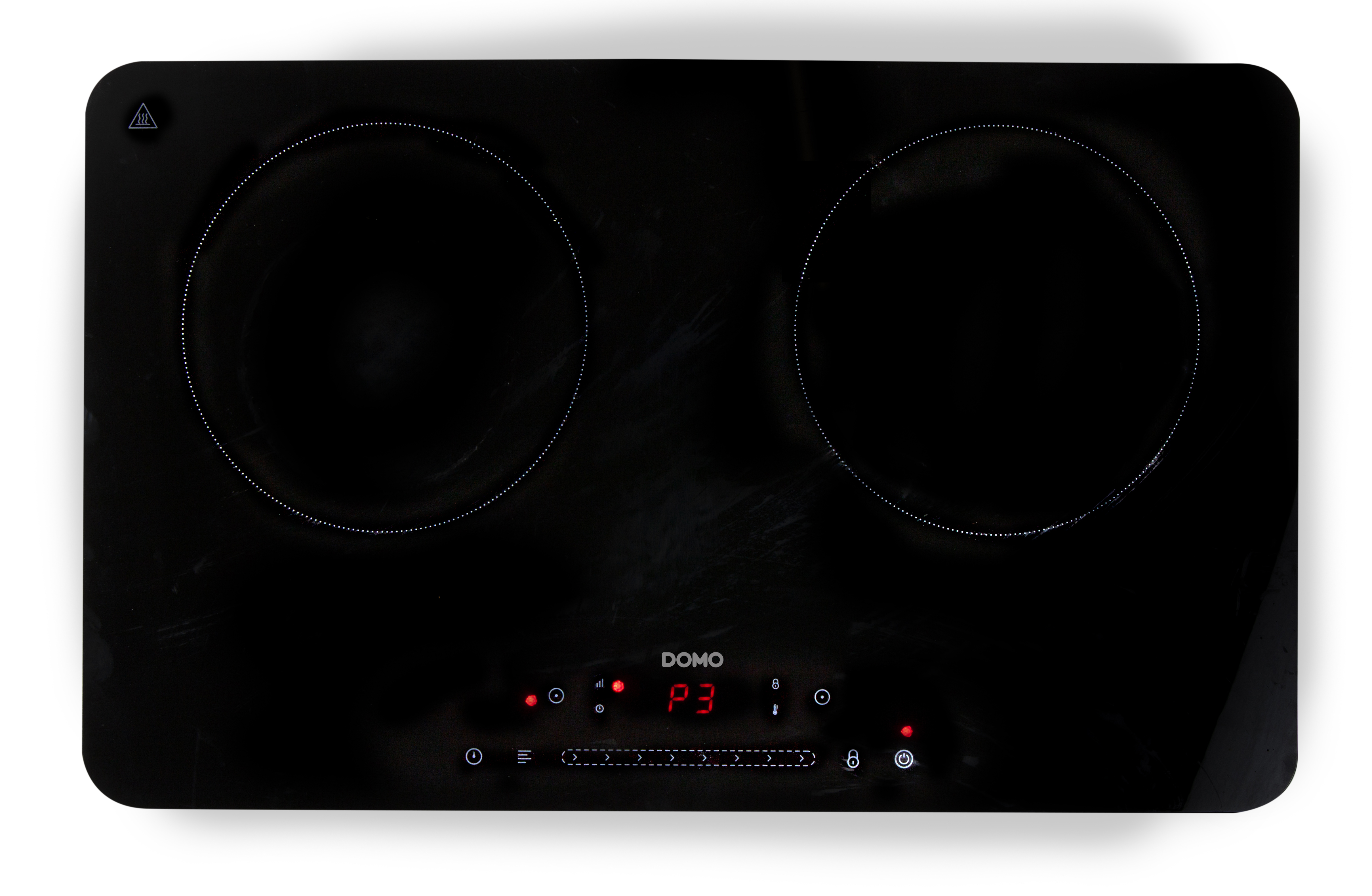 Black induction cooktop with two round cooking zones. Digital display shows 'P3'.