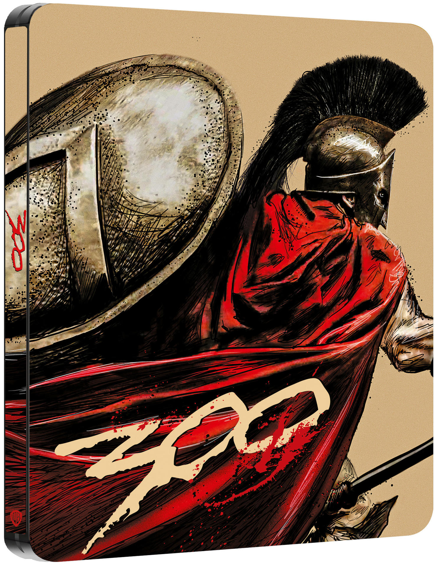 Ein 300-Filmcover. Ein spartanischer Krieger ist vorne mit Speer und Schild.