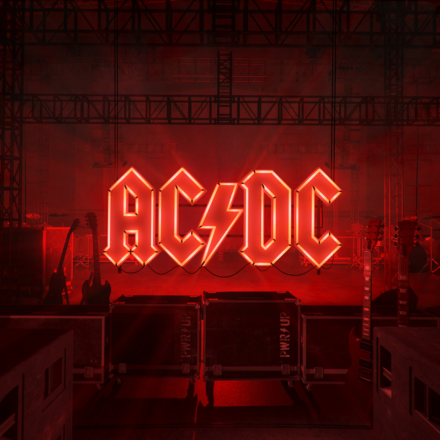 AC/DC-Neon-Schild in einer Konzertkulisse. Bühne mit Equipment, dunkelrote Töne.