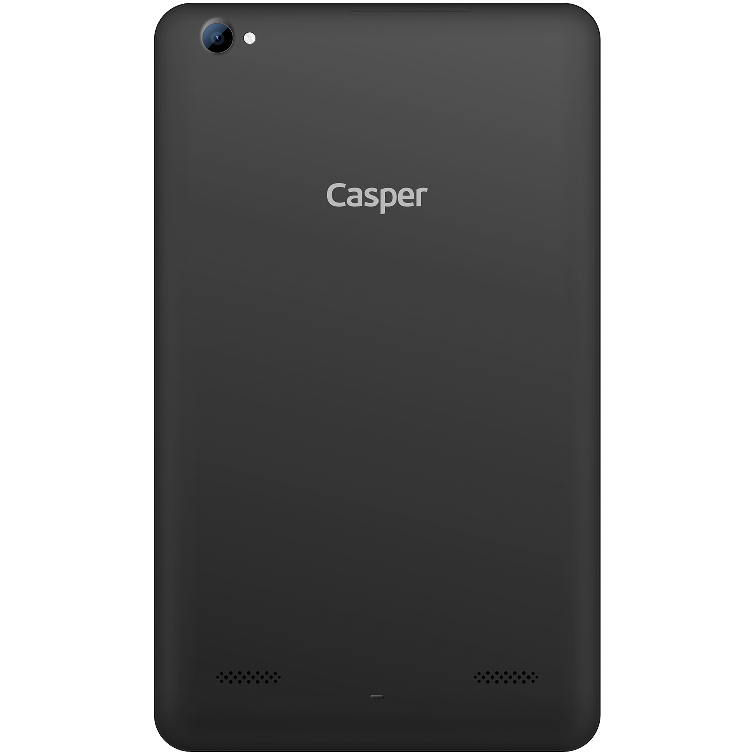 Casper logolu siyah tablet arkası, kamera merceği ve hoparlörler, siyah arka planda.