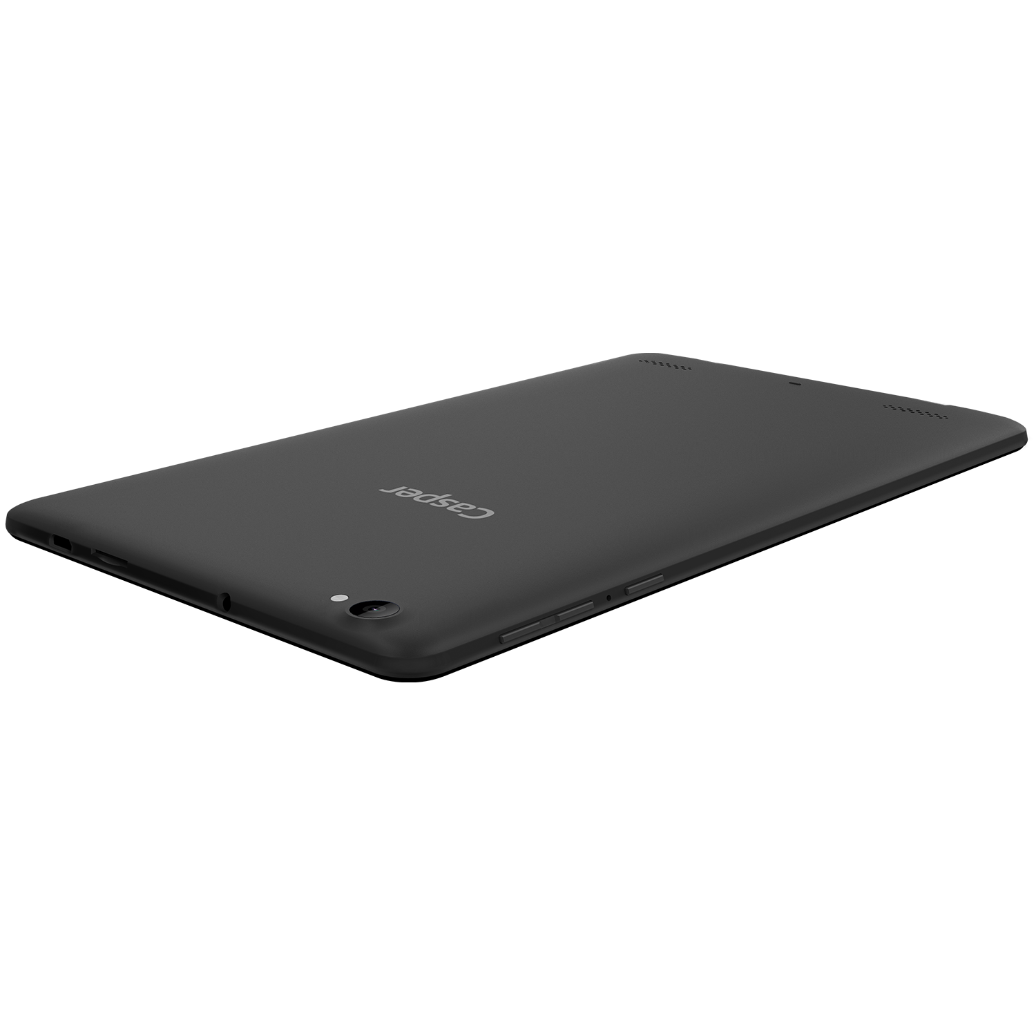 Casper logolu siyah bir tablet eğik duruyor. Kamera ve ses tuşları var. Arka plan siyahtır.