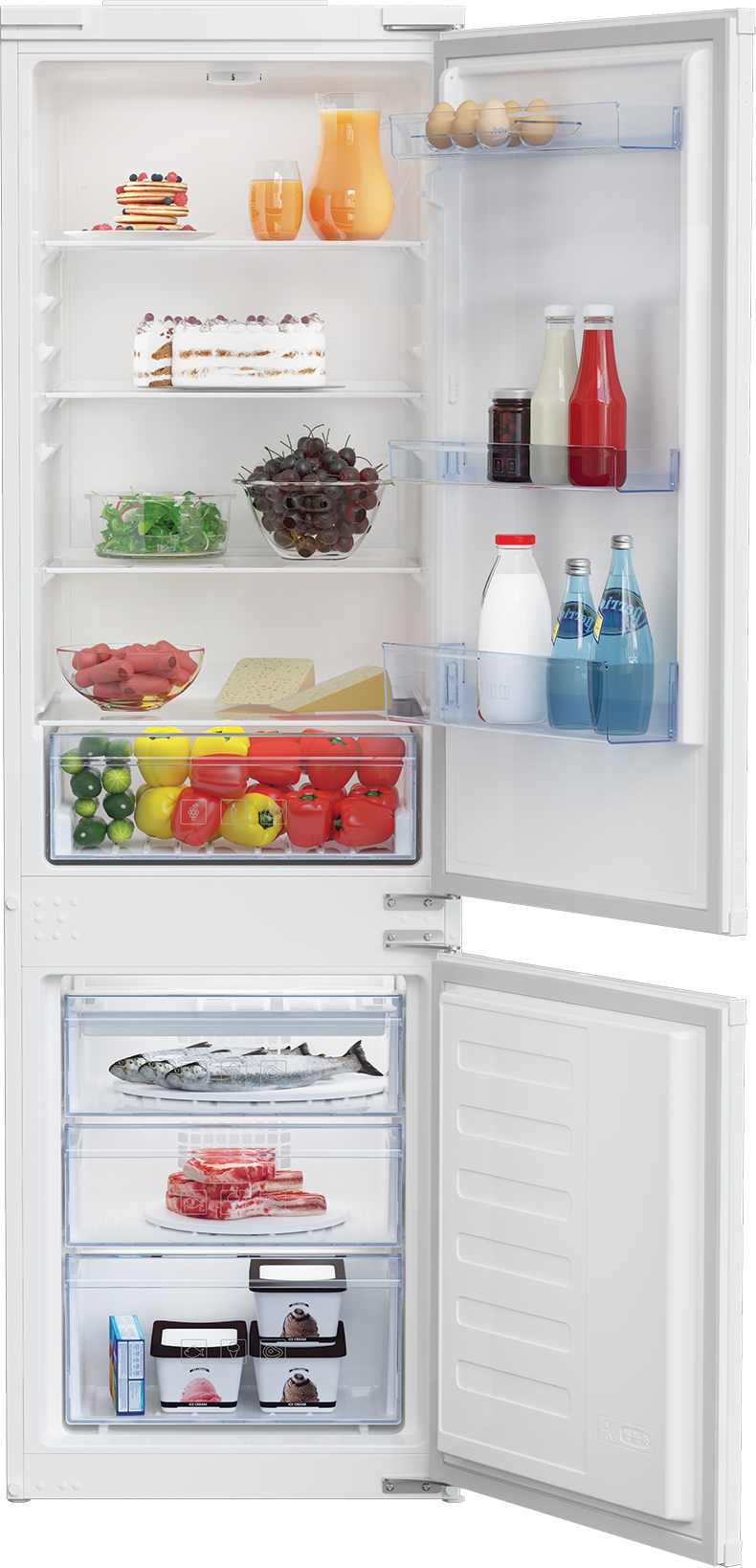 Offener Kühlschrank mit Regalen voller Lebensmittel. Obst, Gemüse, Getränke usw.