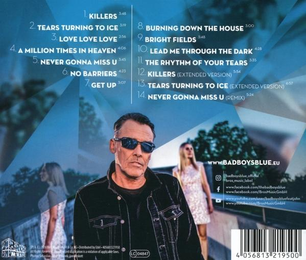 CD-Cover mit Bandmitgliedern und Titelliste auf blauem Hintergrund.