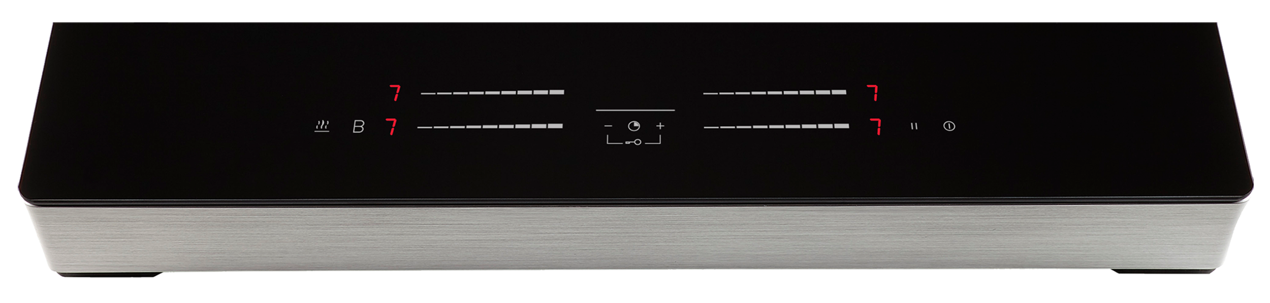 Zwart inductiefornuis met touchbediening en zilveren behuizing.