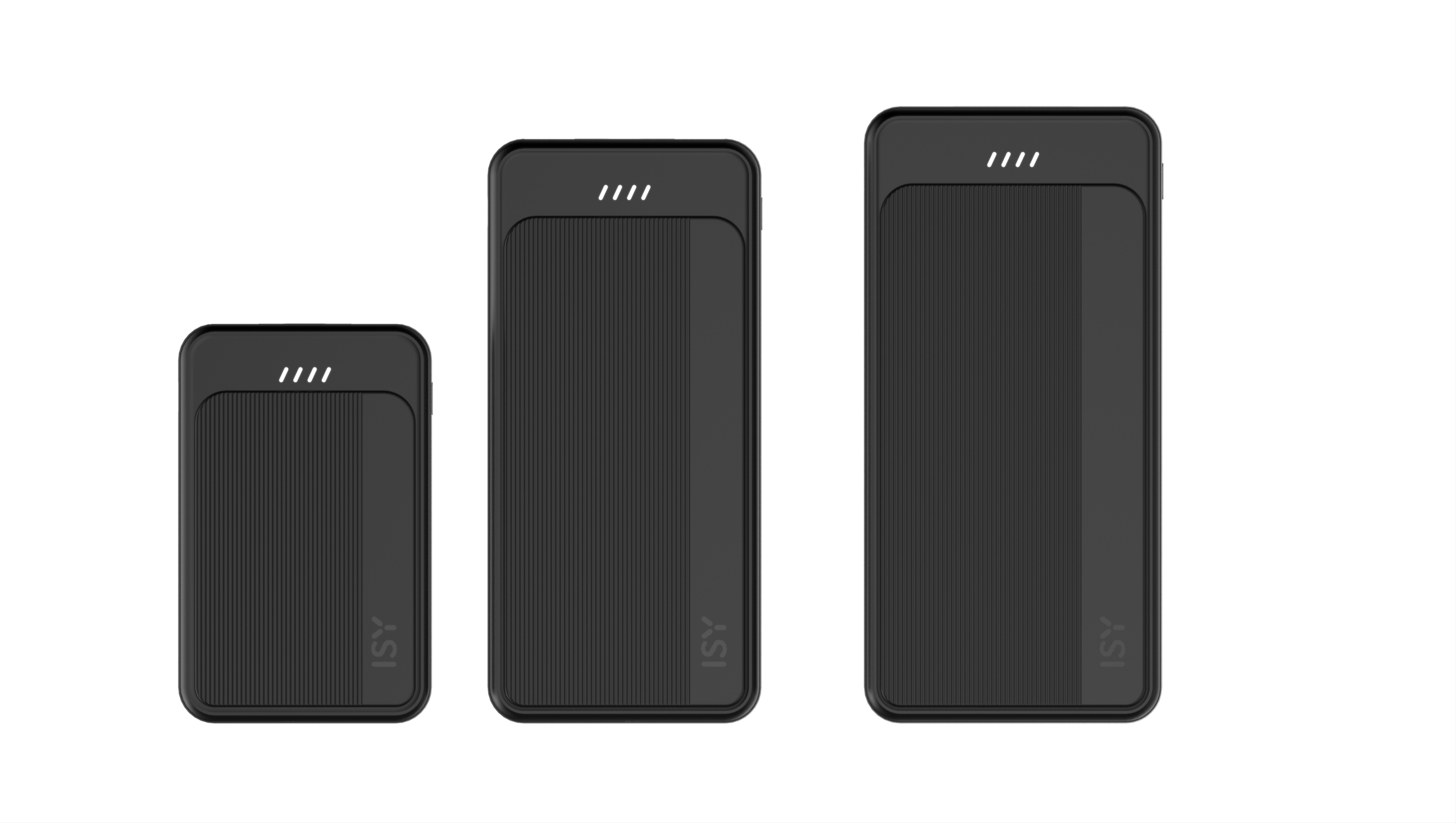 Drei schwarze Powerbanks mit ISY-Logo, unterschiedlichen Größen, auf weißem Grund.