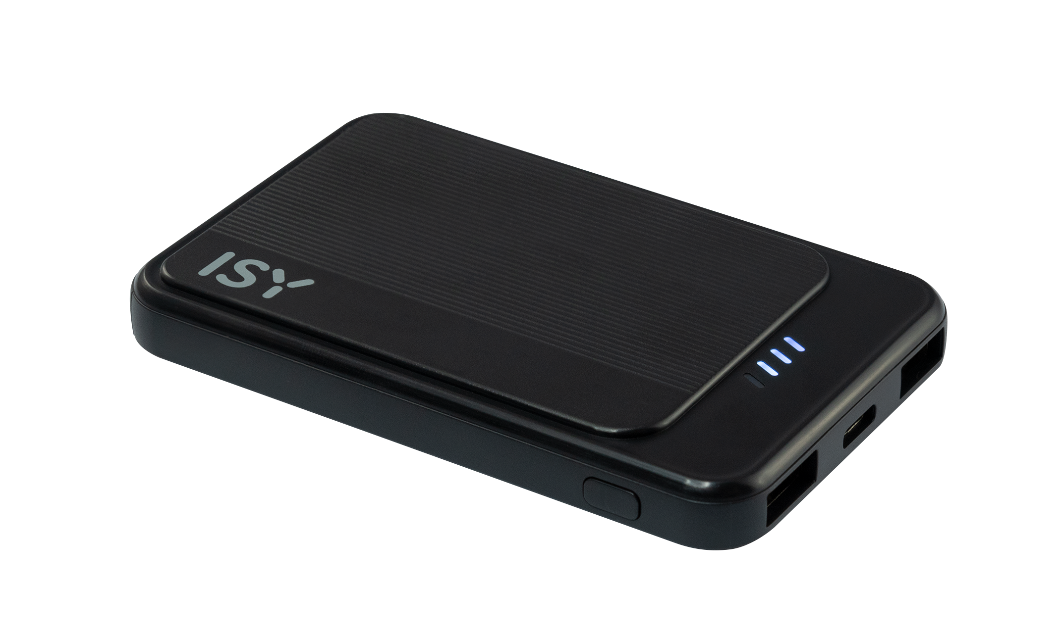 Schwarze Powerbank mit ISY-Logo und drei blauen Lichtern. Kleiner Knopf und Anschlüsse sind sichtbar.