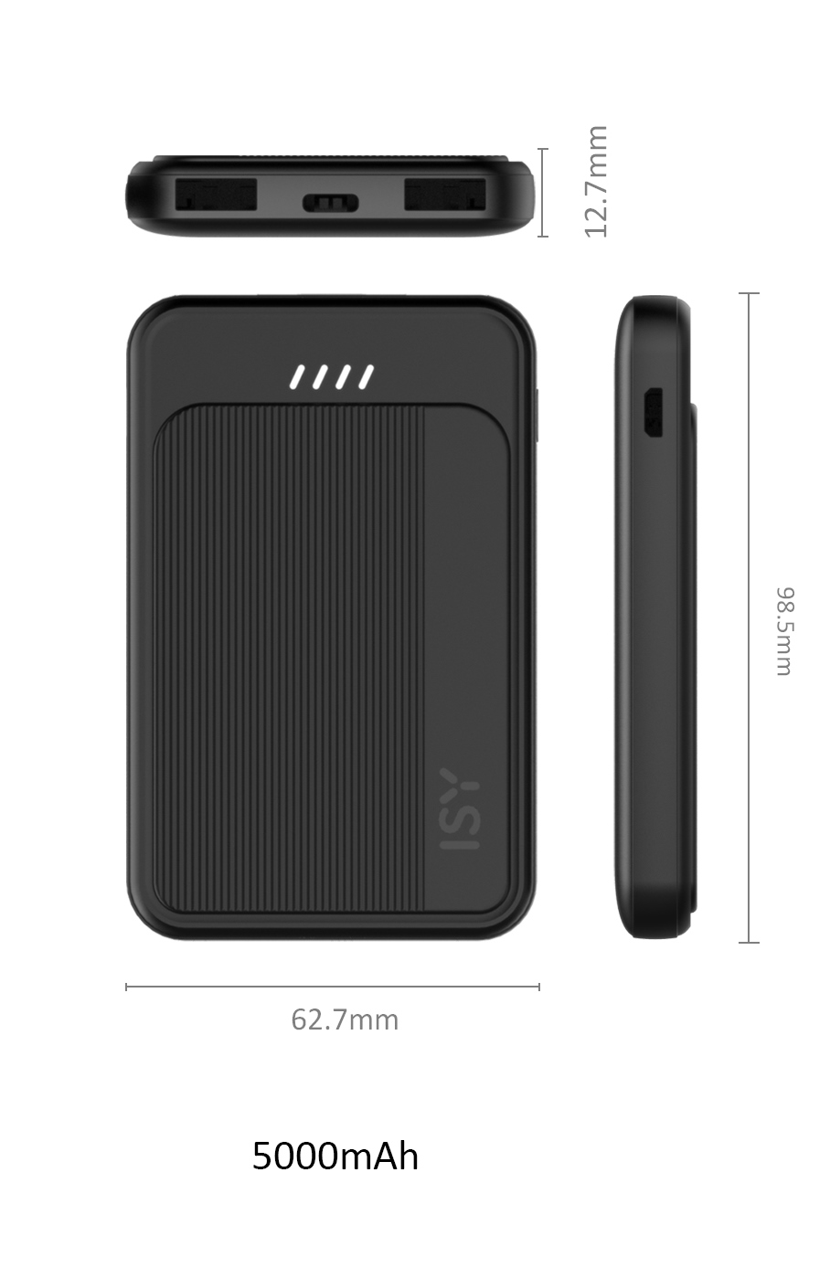 Schwarze Powerbank mit Abmessungen.