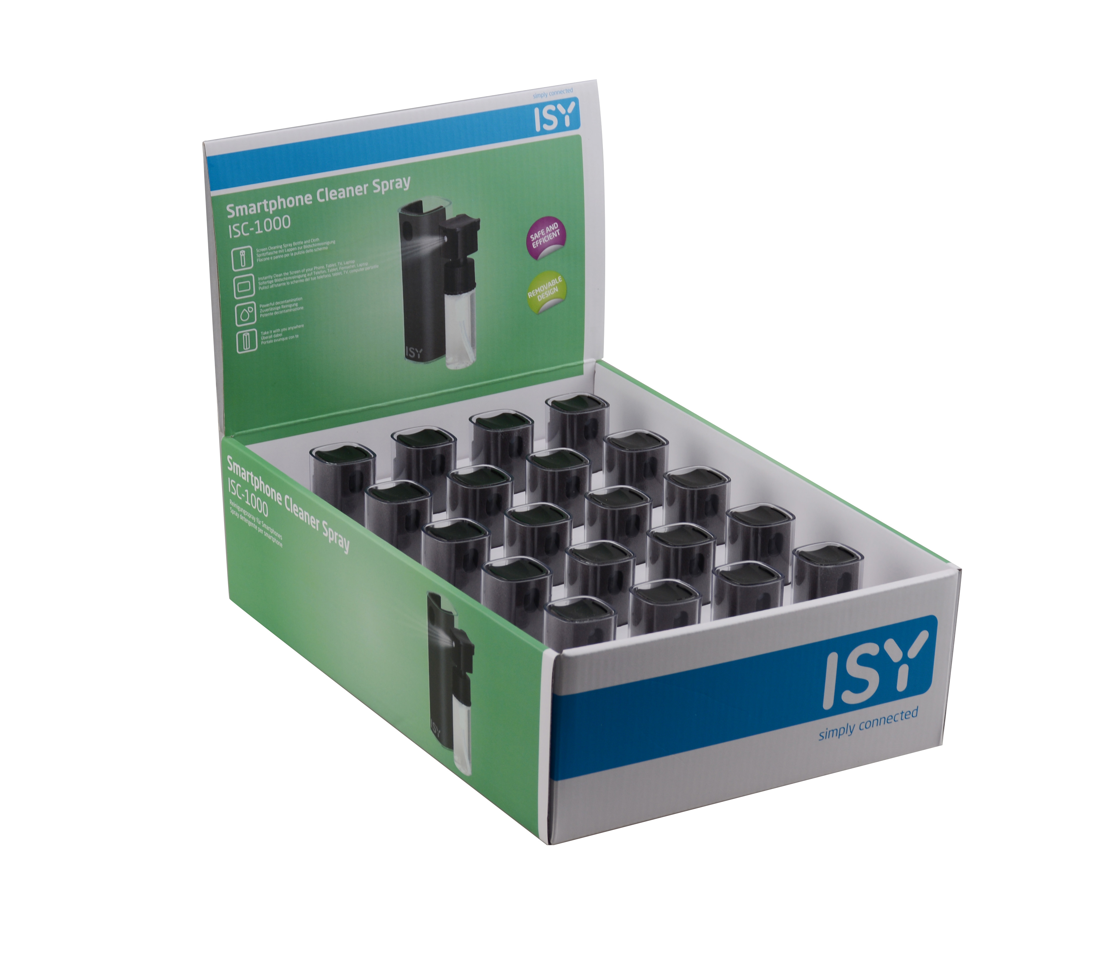 Eine Displaybox mit Smartphone-Reinigungssprays, Marke ISY, weißer Hintergrund.