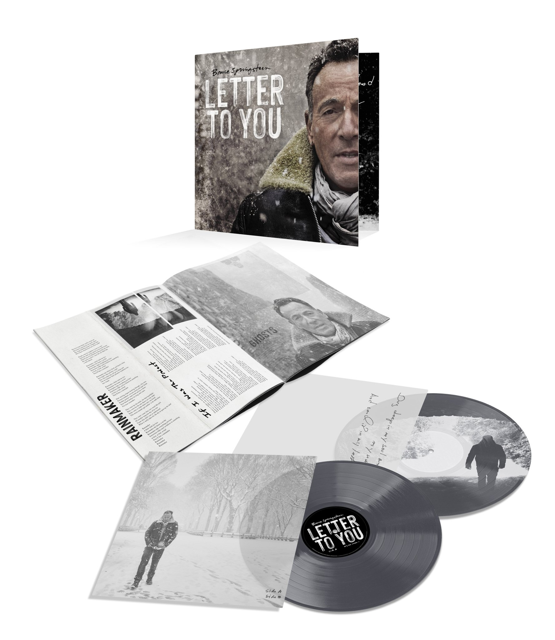 Bruce Springsteen album borítója, kinyitva dalszöveggel, lemezekkel. Havas jelenet a borítón és a lemezen.