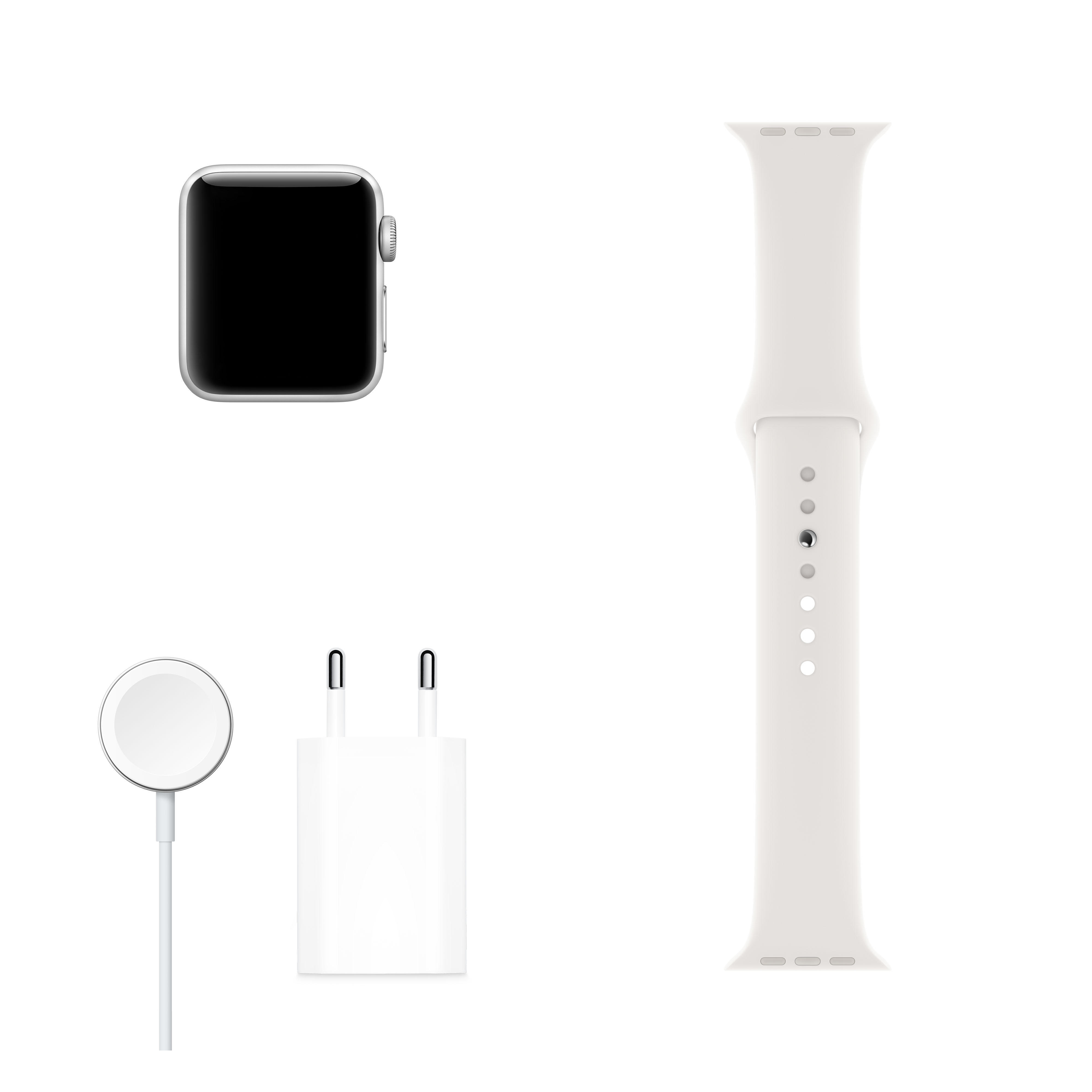 APPLE Watch Series 3 (GPS + Cellular) 42 mm Smartwatch Aluminium Kunststoff, 140-210 mm, Armband: Weiß / Gehäuse: Silber