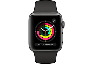 APPLE Watch Series 3 (GPS), 38 mm Aluminiumgehäuse Space Grau, Sportarmband  Schwarz Smartwatch Aluminium Kunststoff, 140-
