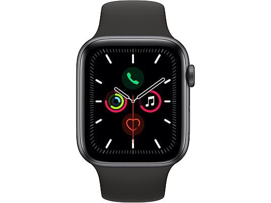 APPLE Watch Series 5 44mm Smartwatch Aluminium Fluorelastomer, 140 - 200 mm , Armband: Schwarz, Gehäuse: Space Grey