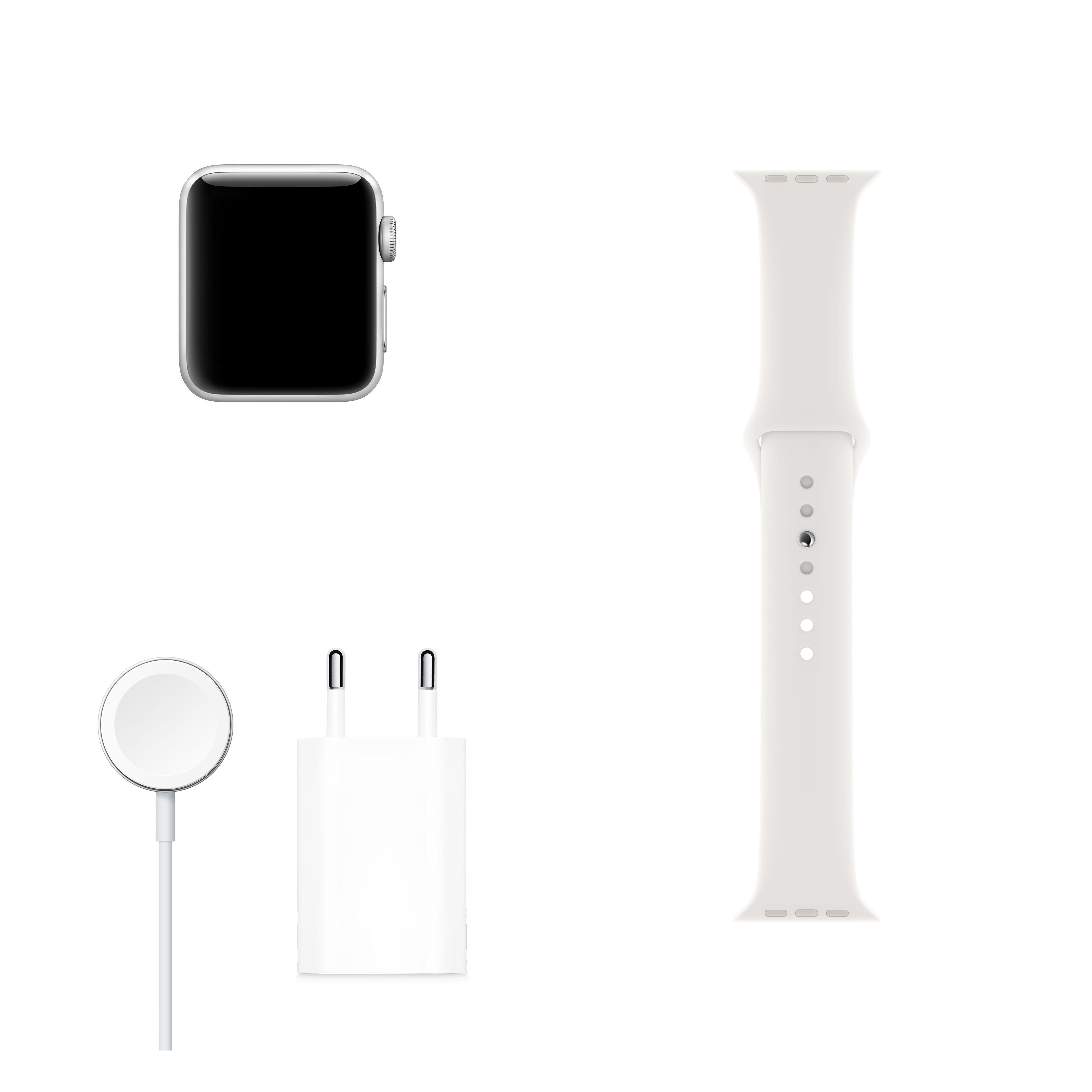 APPLE Watch Series 3 (GPS + Cellular) 38 mm Smartwatch Aluminium Kunststoff, 140-210 mm, Armband: Weiß / Gehäuse: Silber