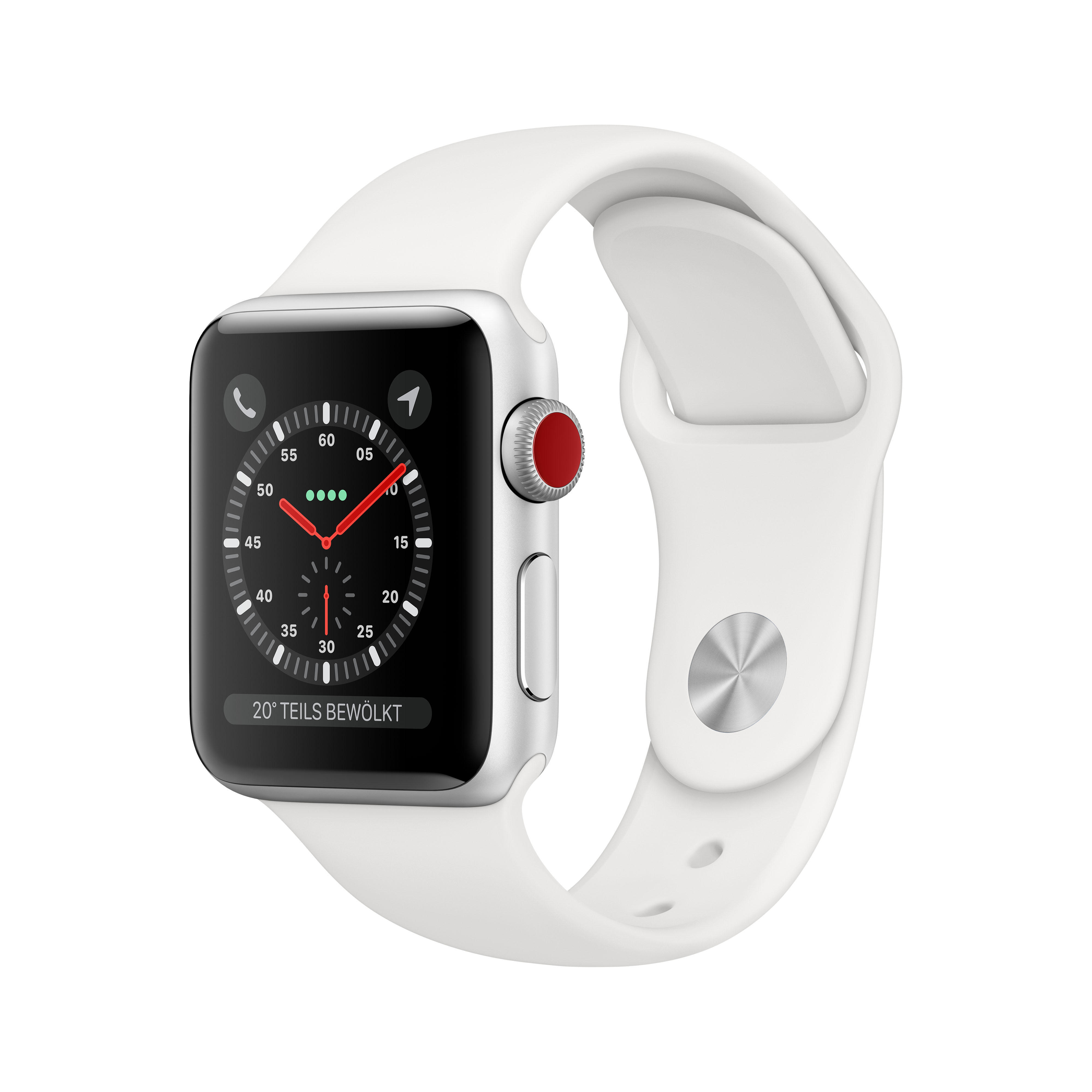 Smartwatch APPLE Watch Series 3 GPS Cellular 38 mm Smartwatch Aluminium Kunststoff 140 210 mm Armband WeiB Gehause Silber MediaMarkt