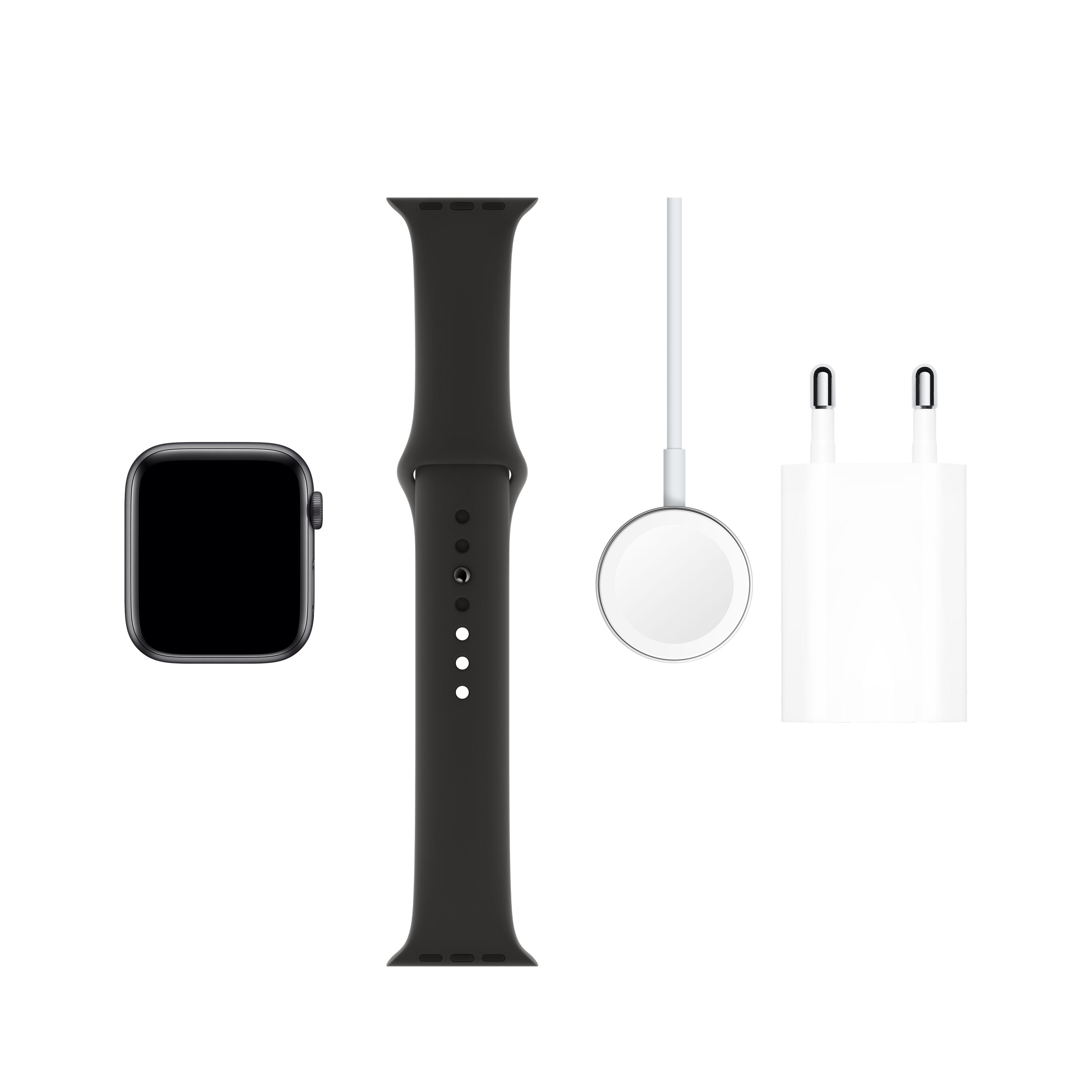 APPLE Watch Series 5 44mm Smartwatch Aluminium Fluorelastomer, 140 - 200 mm , Armband: Schwarz, Gehäuse: Space Grey