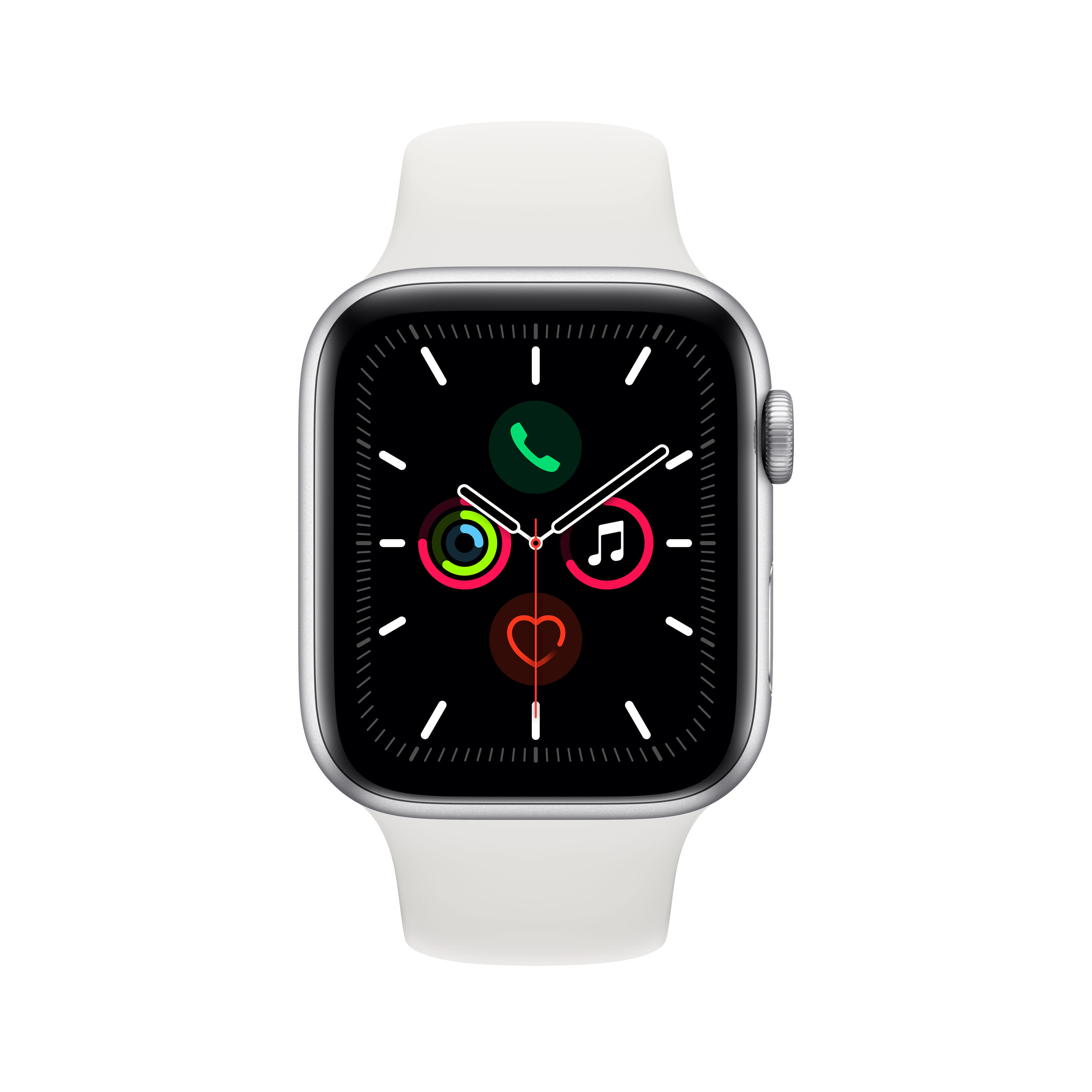 APPLE Watch Series 5 44mm Smartwatch Aluminium Fluorelastomer, 140 - 200 mm , Armband: Weiß, Gehäuse: Silber