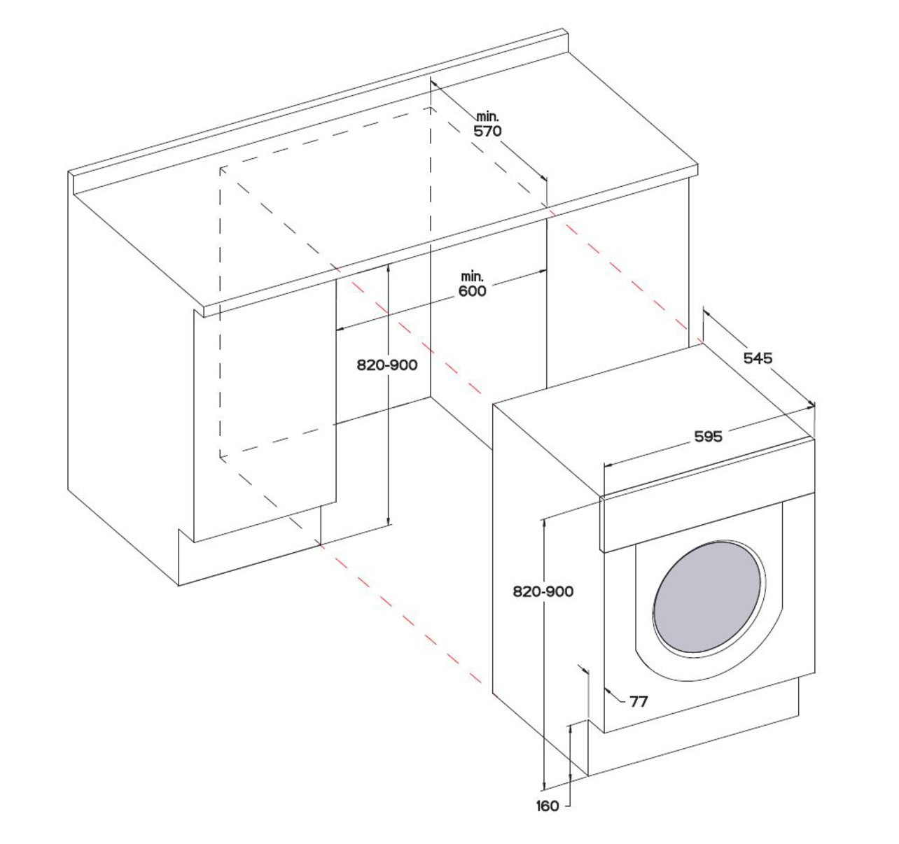 Mosógép beszerelésének diagramja méretekkel és mérésekkel.