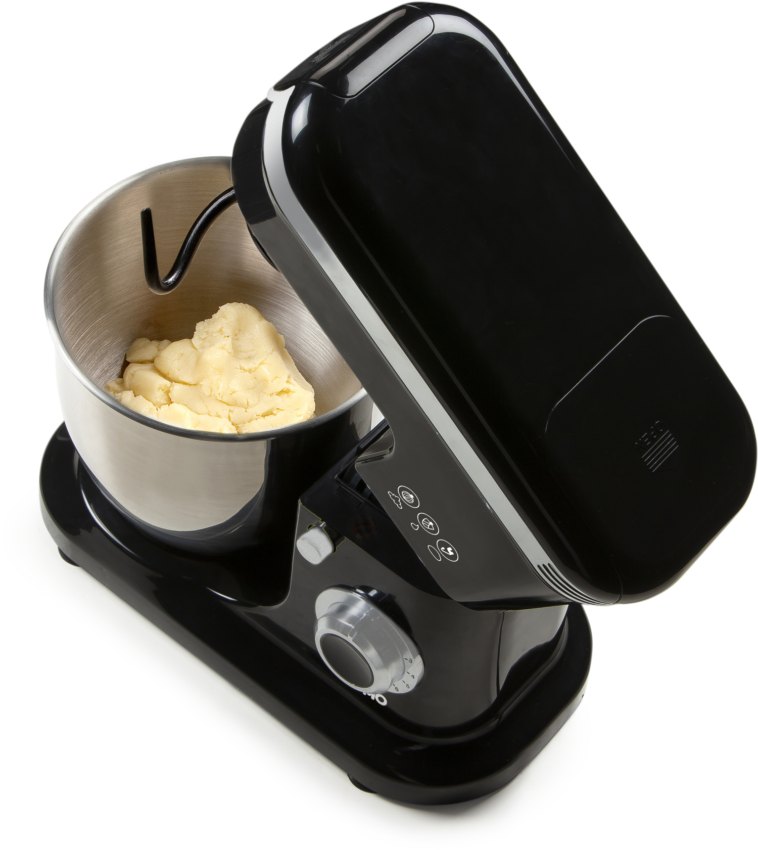 A black stand mixer with a bowl containing dough. The mixer is angled, with the bowl visible.