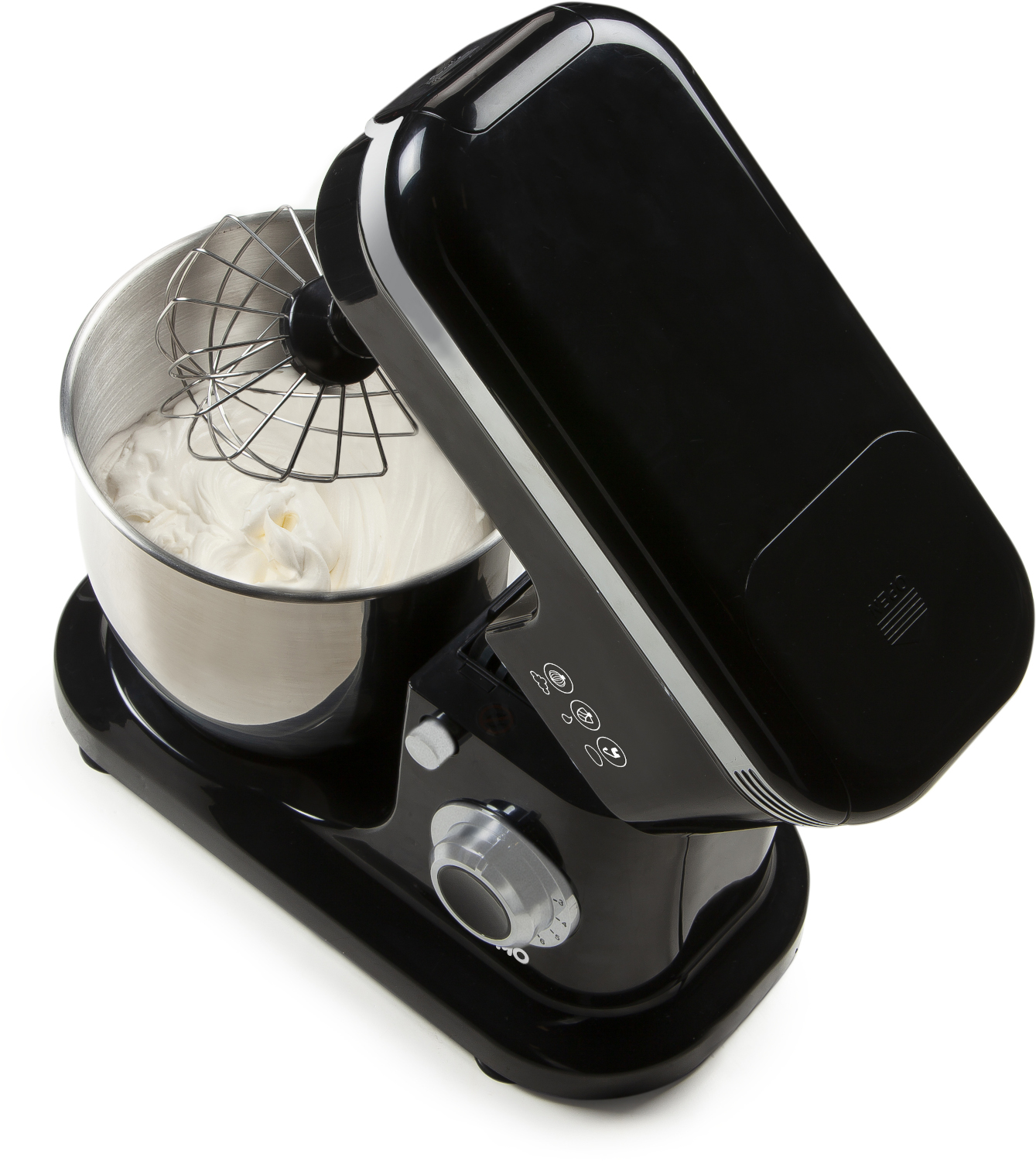 A black stand mixer with a bowl of whipped cream.