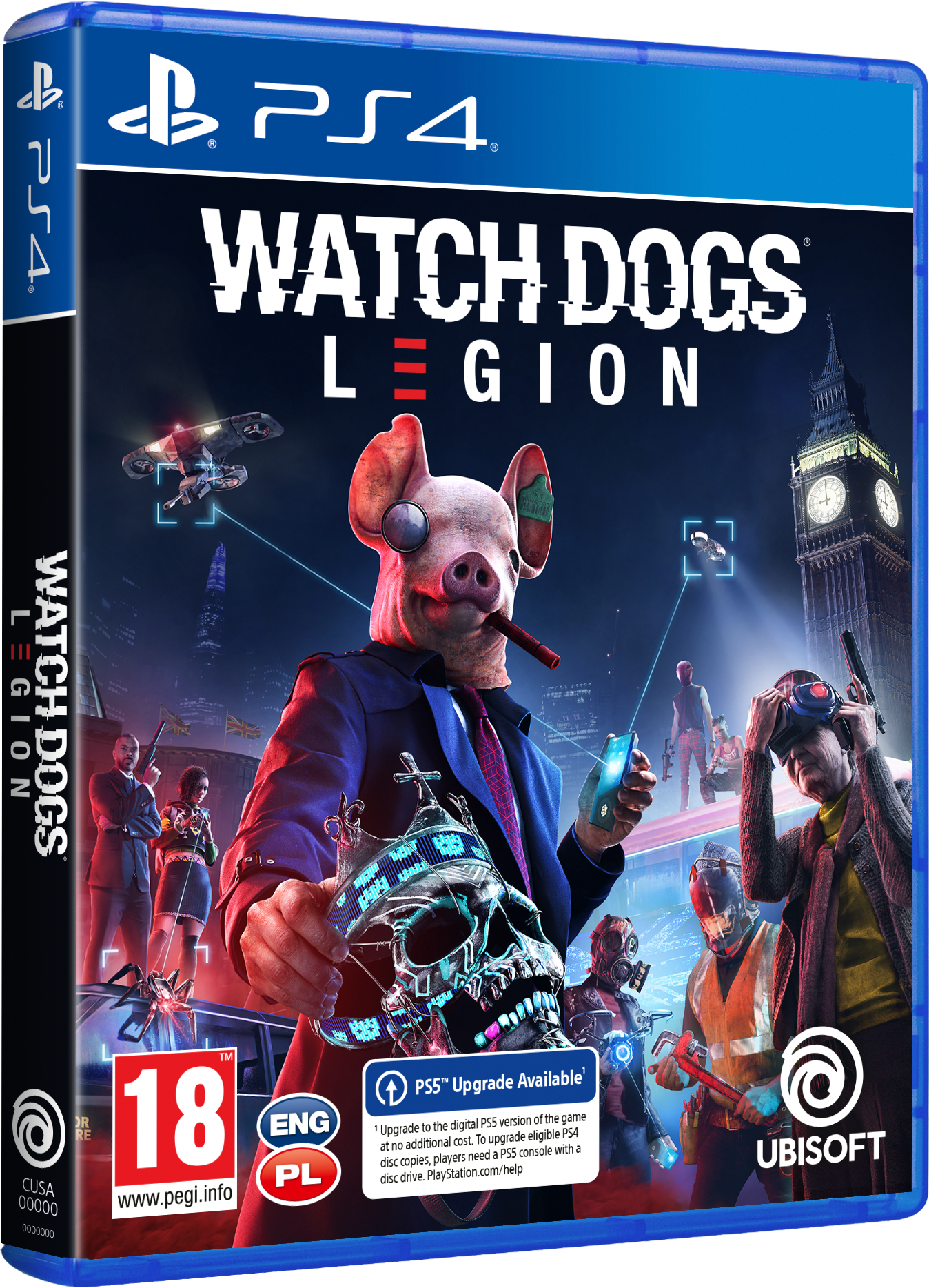 Watch Dogs Legion PS4 játék borítója: egy disznómaszkos alak városi háttérrel.