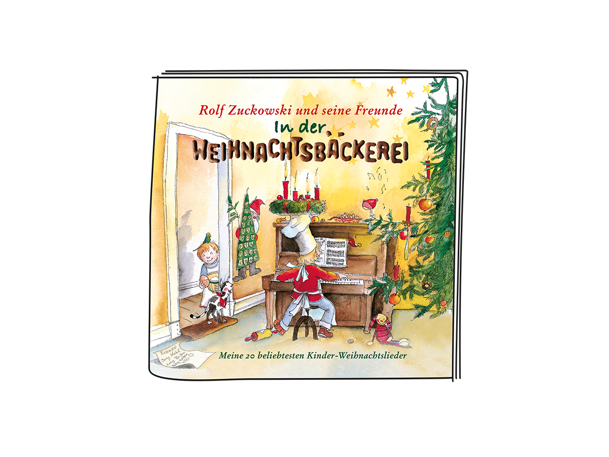 Buchcover mit Illustration eines Kindes, das in einer Weihnachtsbäckerei Klavier spielt.