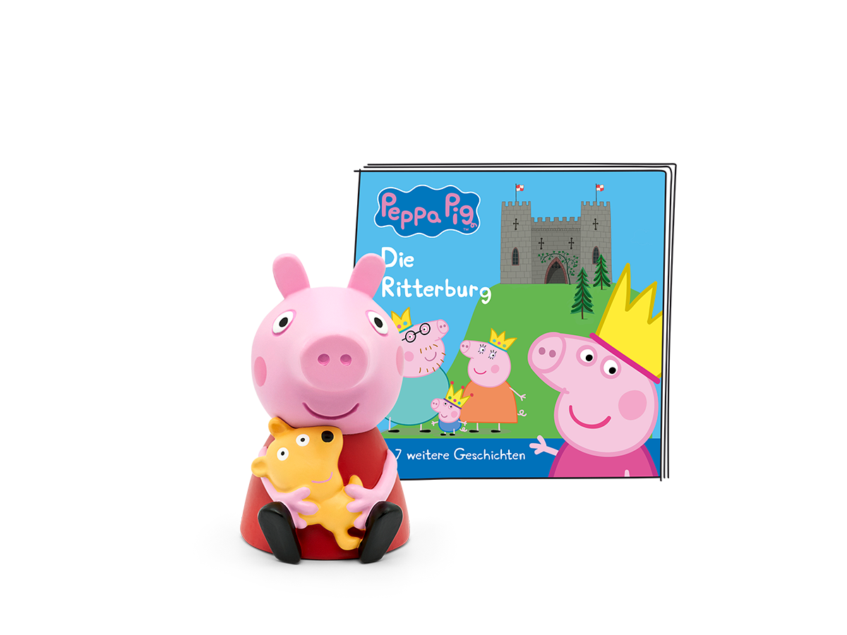 Peppa Wutz Spielfigur und ein Buch mit dem Titel „Die Ritterburg“.