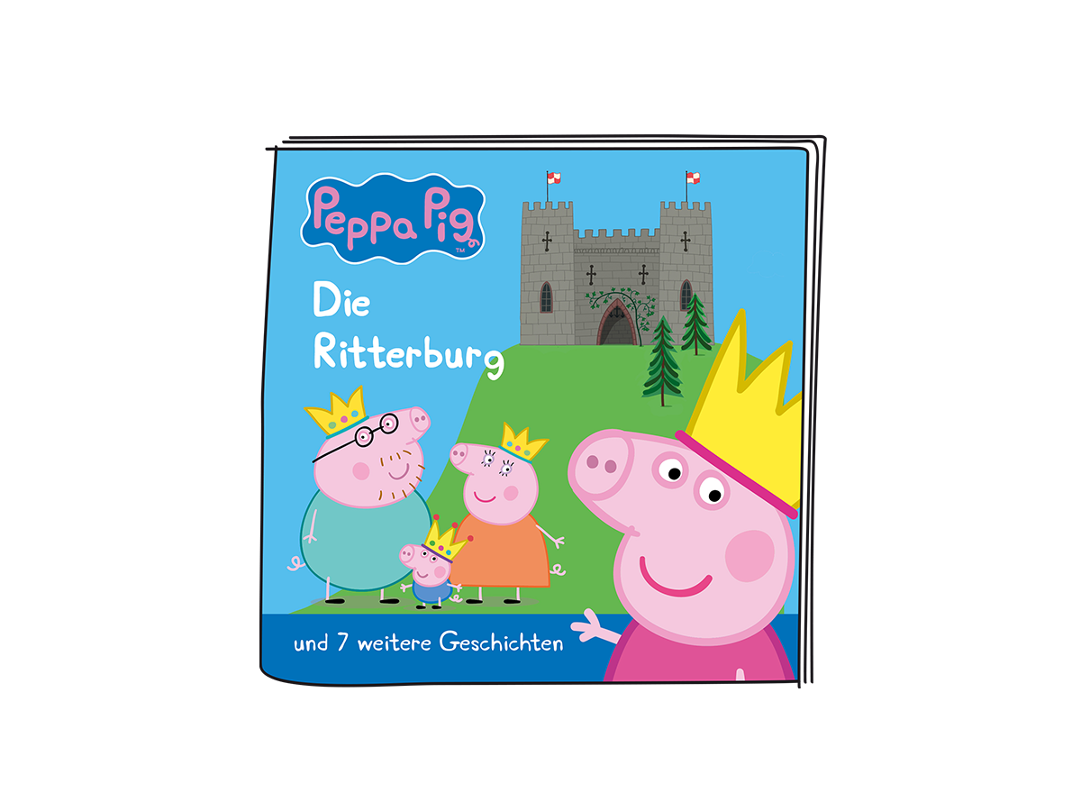 Buchcover, Cartoon-Figuren. Schweine mit Kronen stehen vor einer Burg am blauen Himmel.