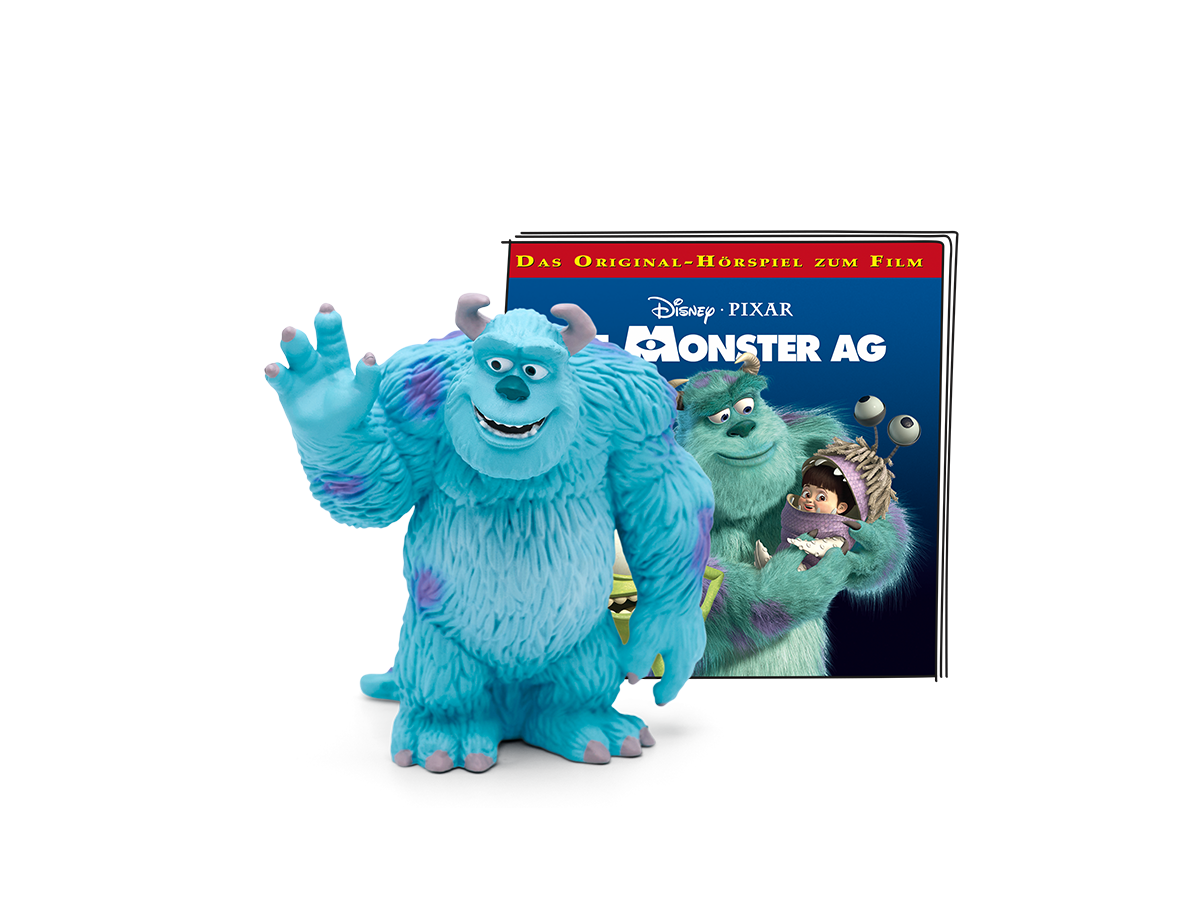 Eine blaue Monsterfigur mit einer DVD-Hülle im Hintergrund, mit dem Film Monster AG.