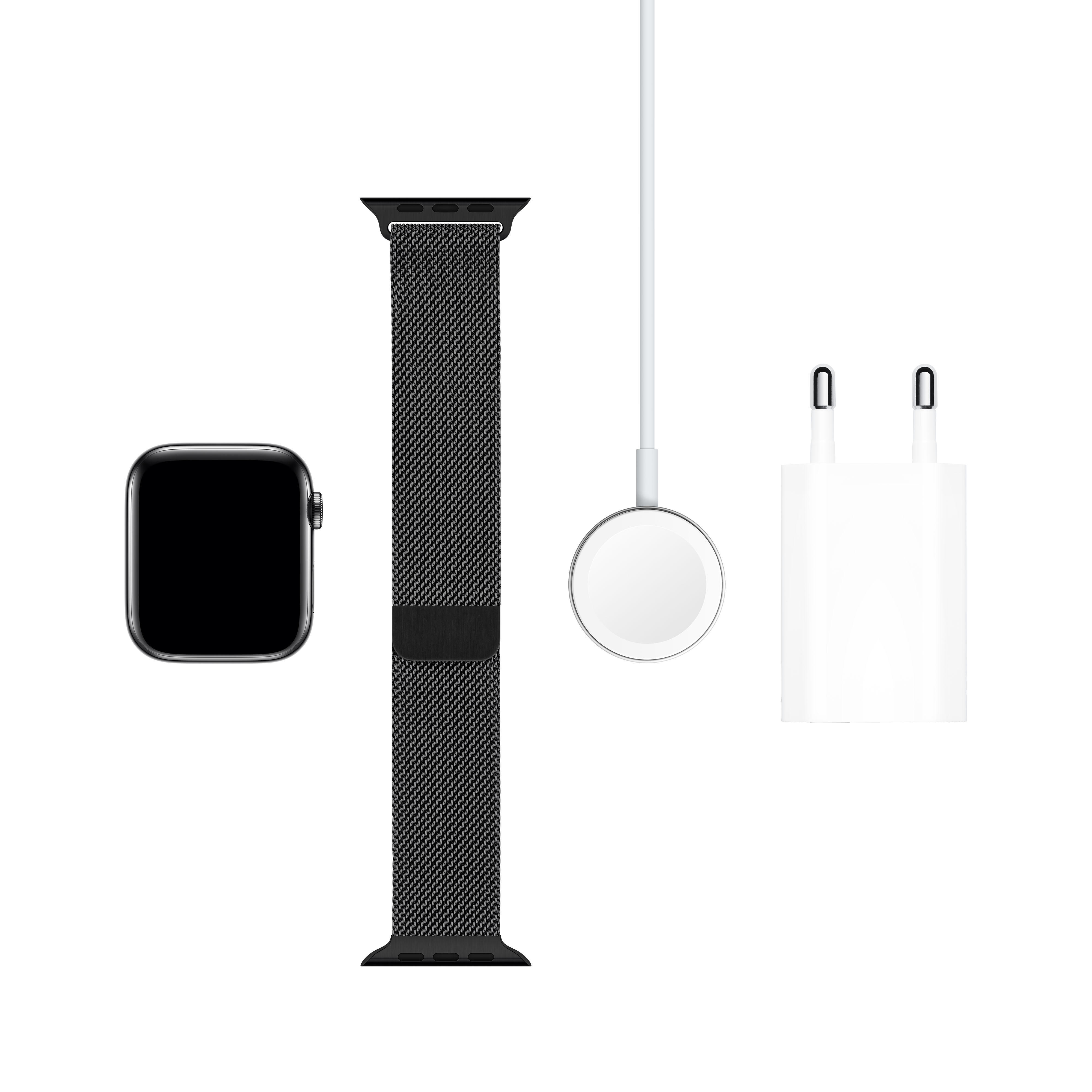 APPLE Watch Series 5 (GPS + Cellular) 44mm Smartwatch Edelstahl Edelstahl, 140 - 200 mm , Armband: Schwarz  Milanaise, Gehäuse: Edelstahl Schwarz