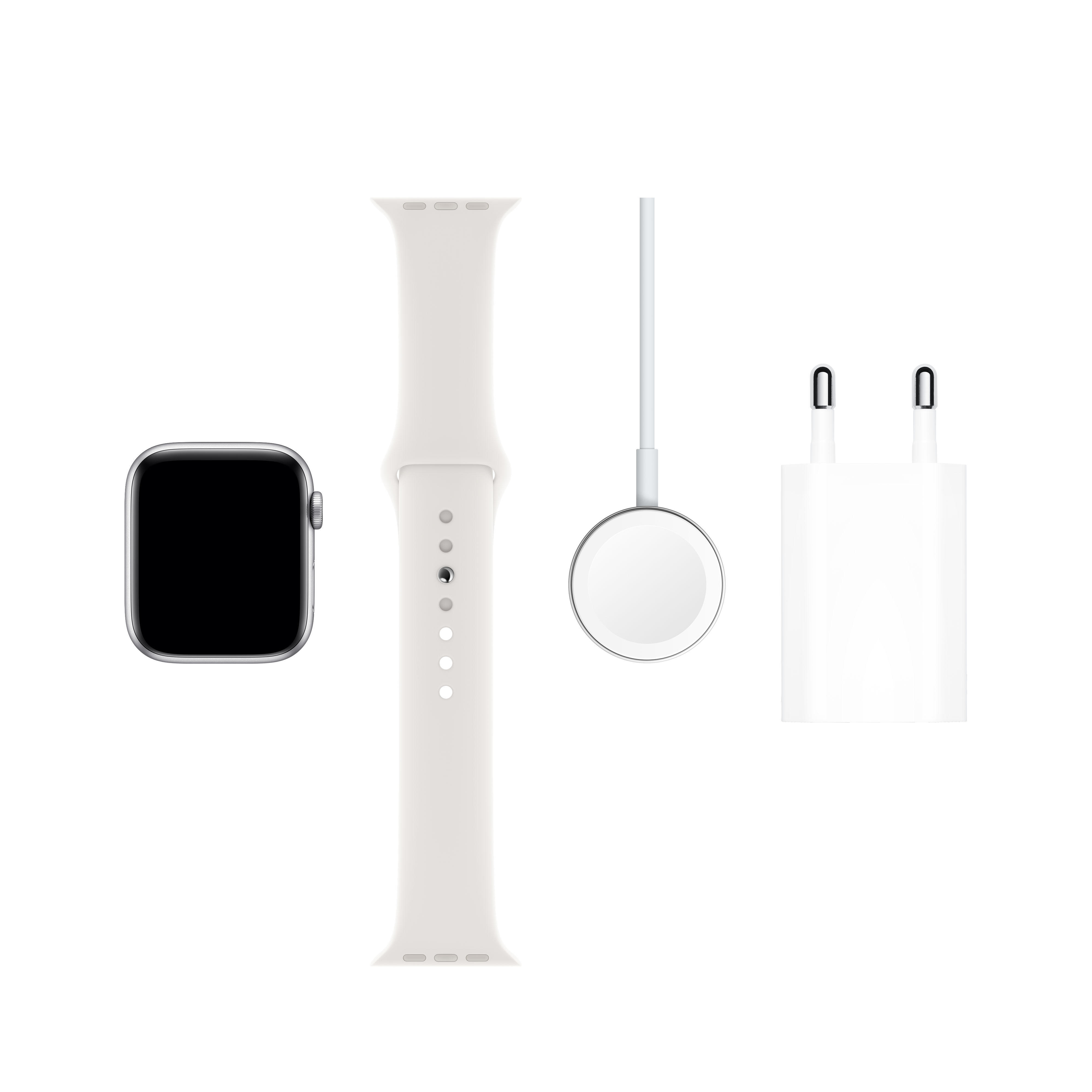+ Weiß, Gehäuse: 200 Silber Armband: , Fluorelastomer, - Watch APPLE 5 Aluminium mm Smartwatch Series Cellular) 44mm 140 (GPS
