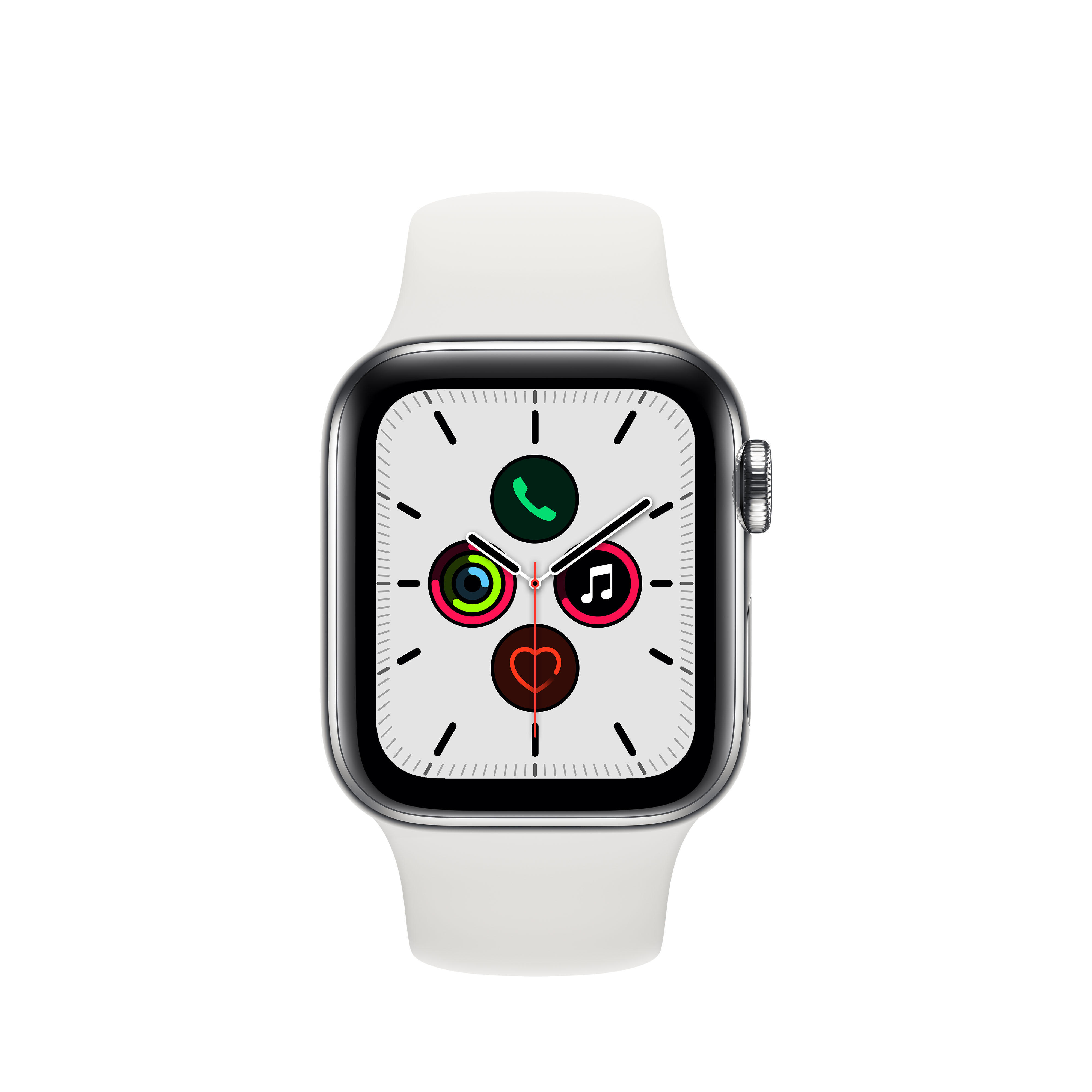 APPLE Watch Series 5 (GPS + Cellular) 40mm Smartwatch Edelstahl Fluorelastomer, 130 - 200 mm, Armband: Weiß, Gehäuse: Edelstahl