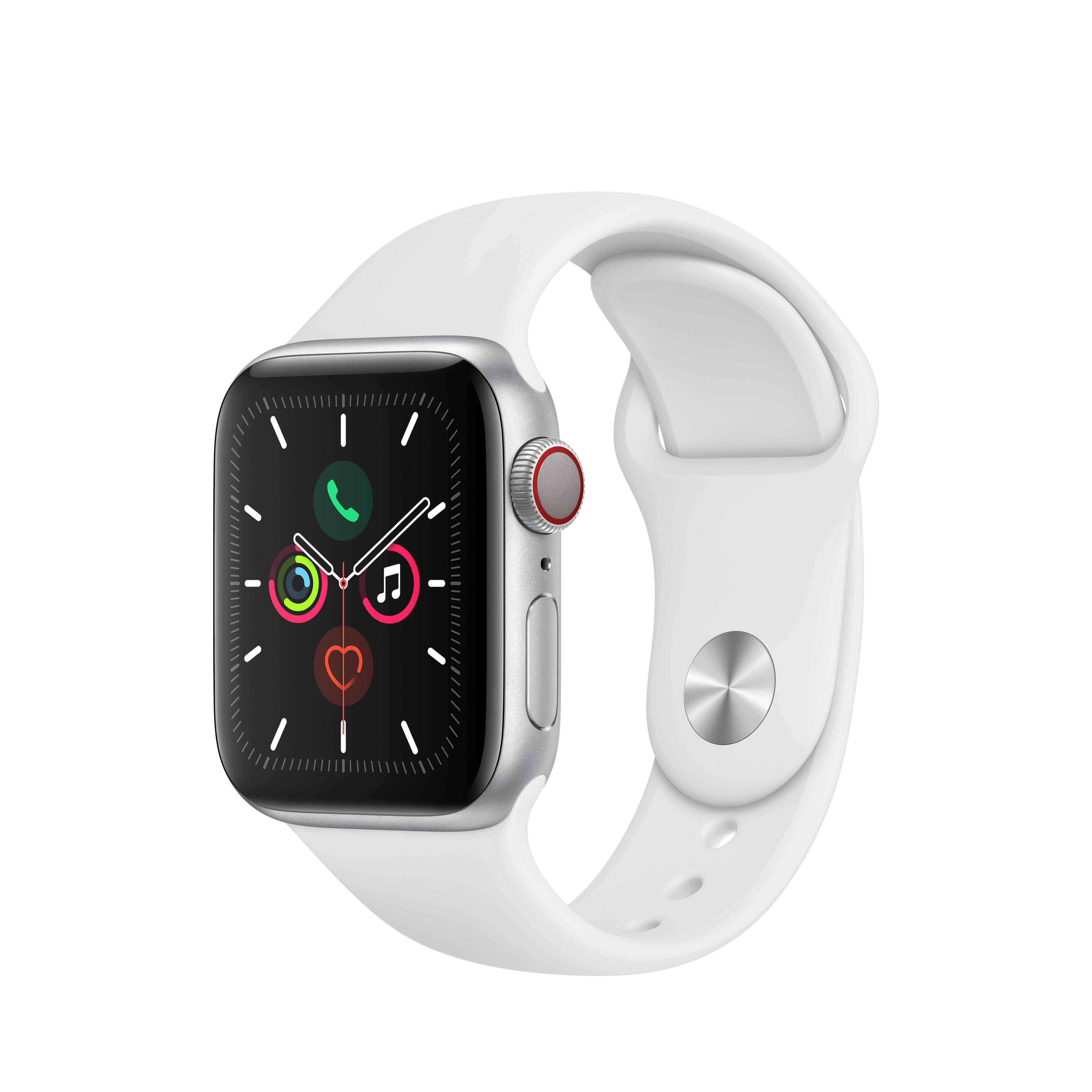 APPLE Watch Series 5 (GPS + Cellular) 40mm Smartwatch Aluminium Fluorelastomer, 130 - 200 mm, Armband: Weiß, Gehäuse: Silber