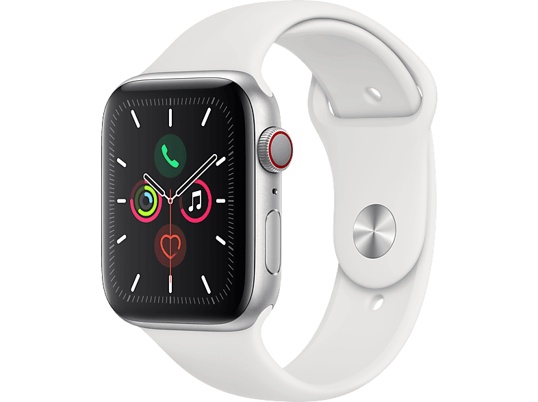 APPLE Watch Series 5 (GPS + Cellular) 44mm Smartwatch Aluminium Fluorelastomer, 140 - 200 mm , Armband: Weiß, Gehäuse: Silber