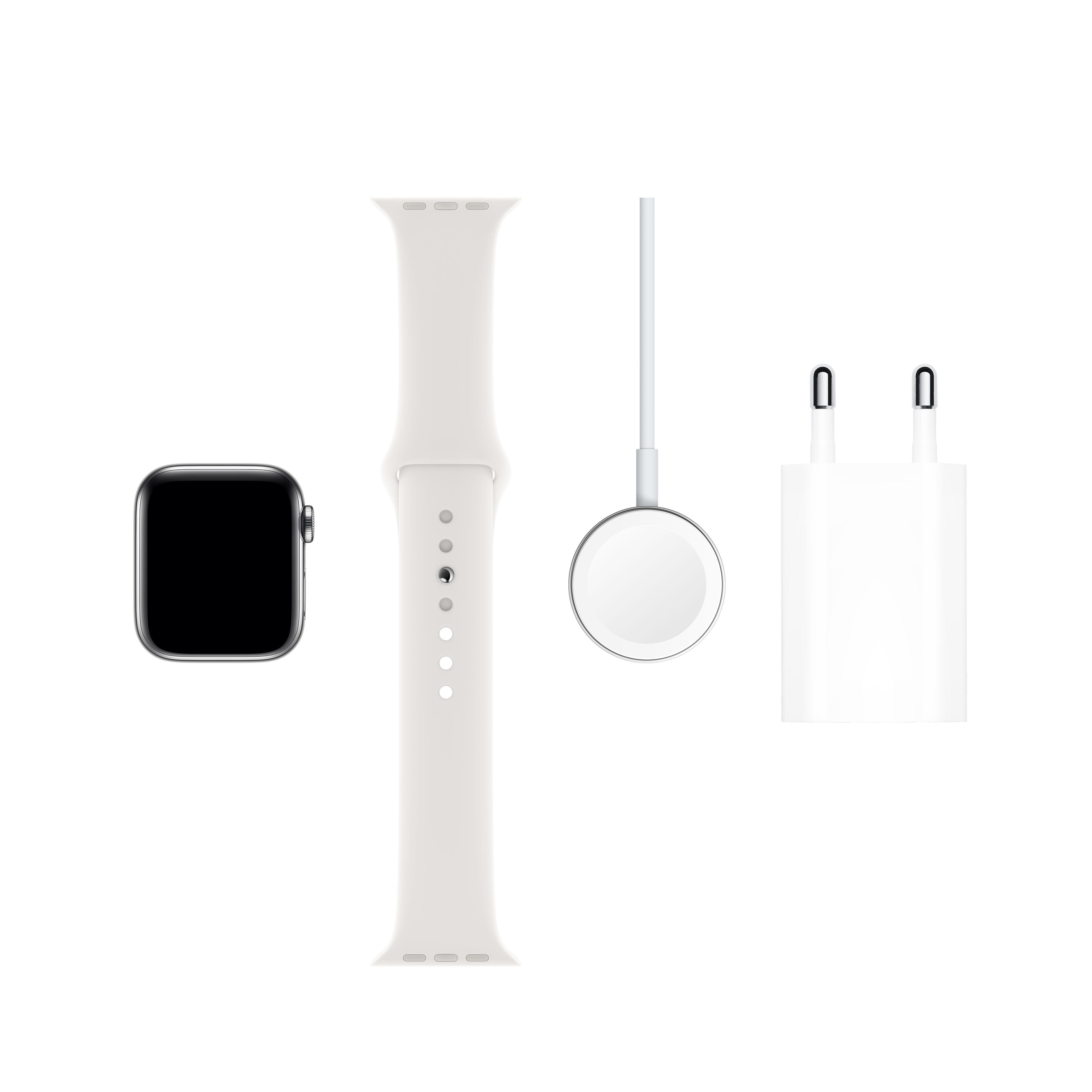 APPLE Watch Series 5 (GPS + Cellular) 40mm Smartwatch Edelstahl Fluorelastomer, 130 - 200 mm, Armband: Weiß, Gehäuse: Edelstahl
