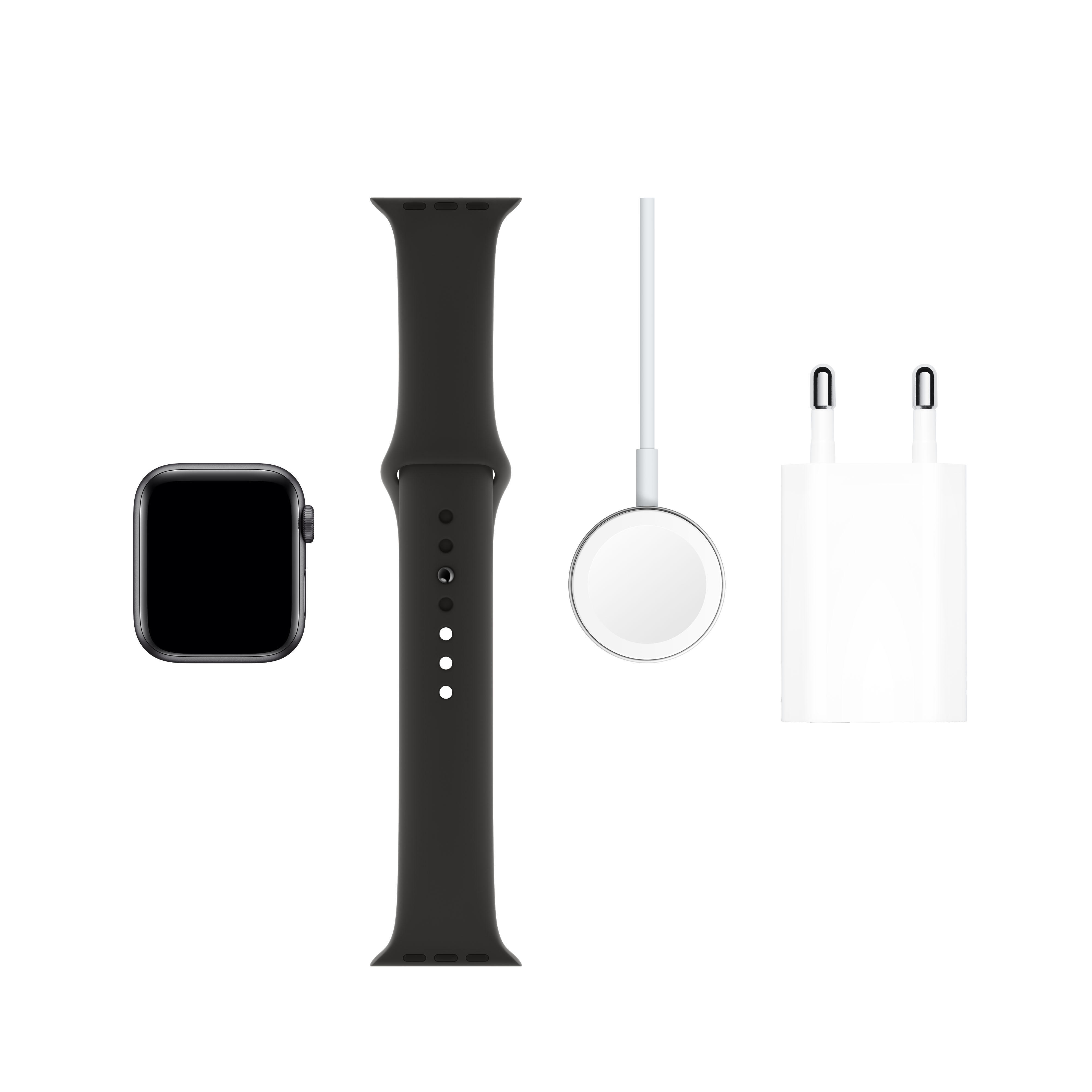 APPLE Watch Series 5 (GPS + Cellular) 40mm Smartwatch Aluminium Fluorelastomer, 130 - 200 mm, Armband: Schwarz, Gehäuse: Space Grey
