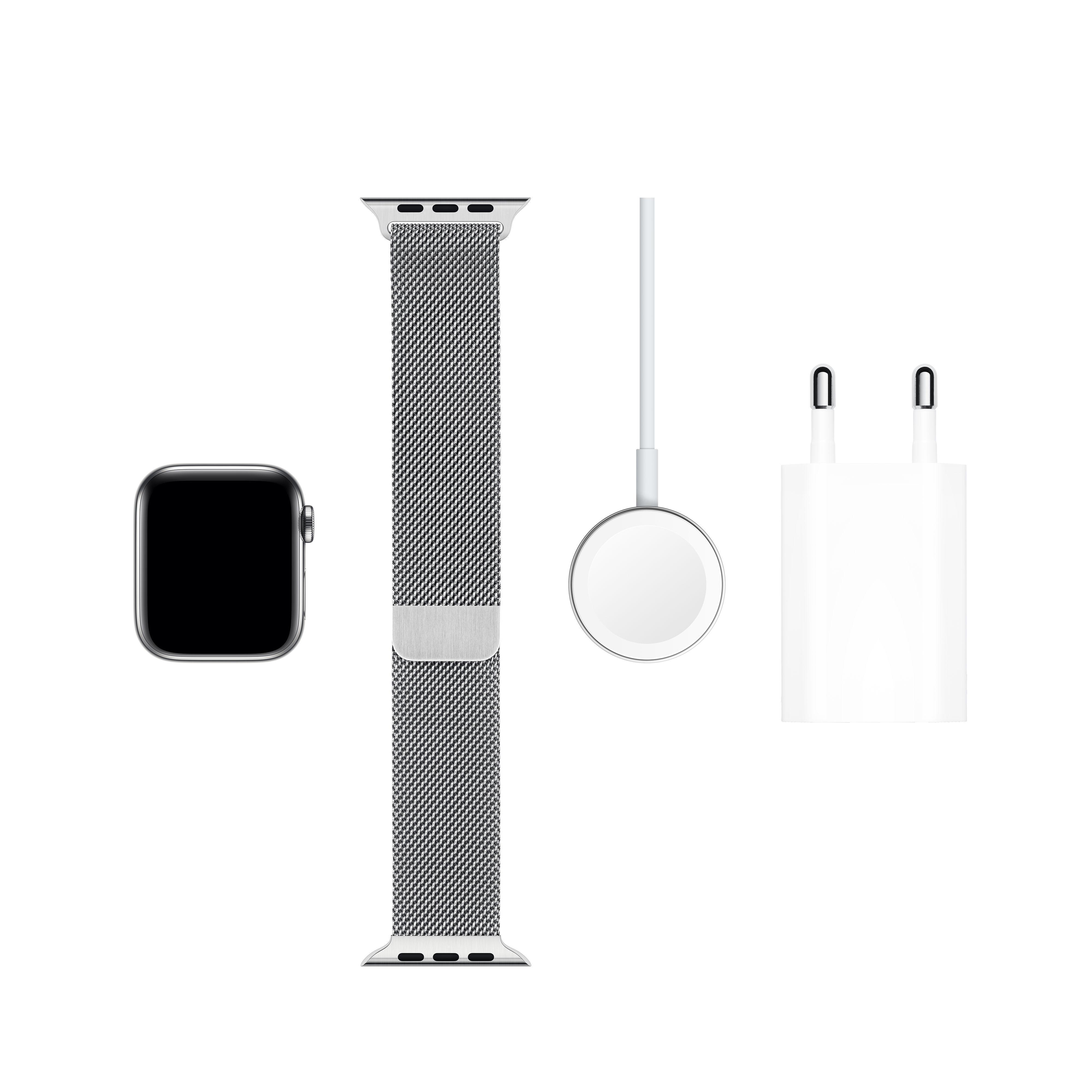 APPLE Watch Series 5 (GPS + Cellular) 40mm Smartwatch Edelstahl Edelstahl, 130 - 200 mm, Armband: Silber  Milanaise, Gehäuse: Edelstahl