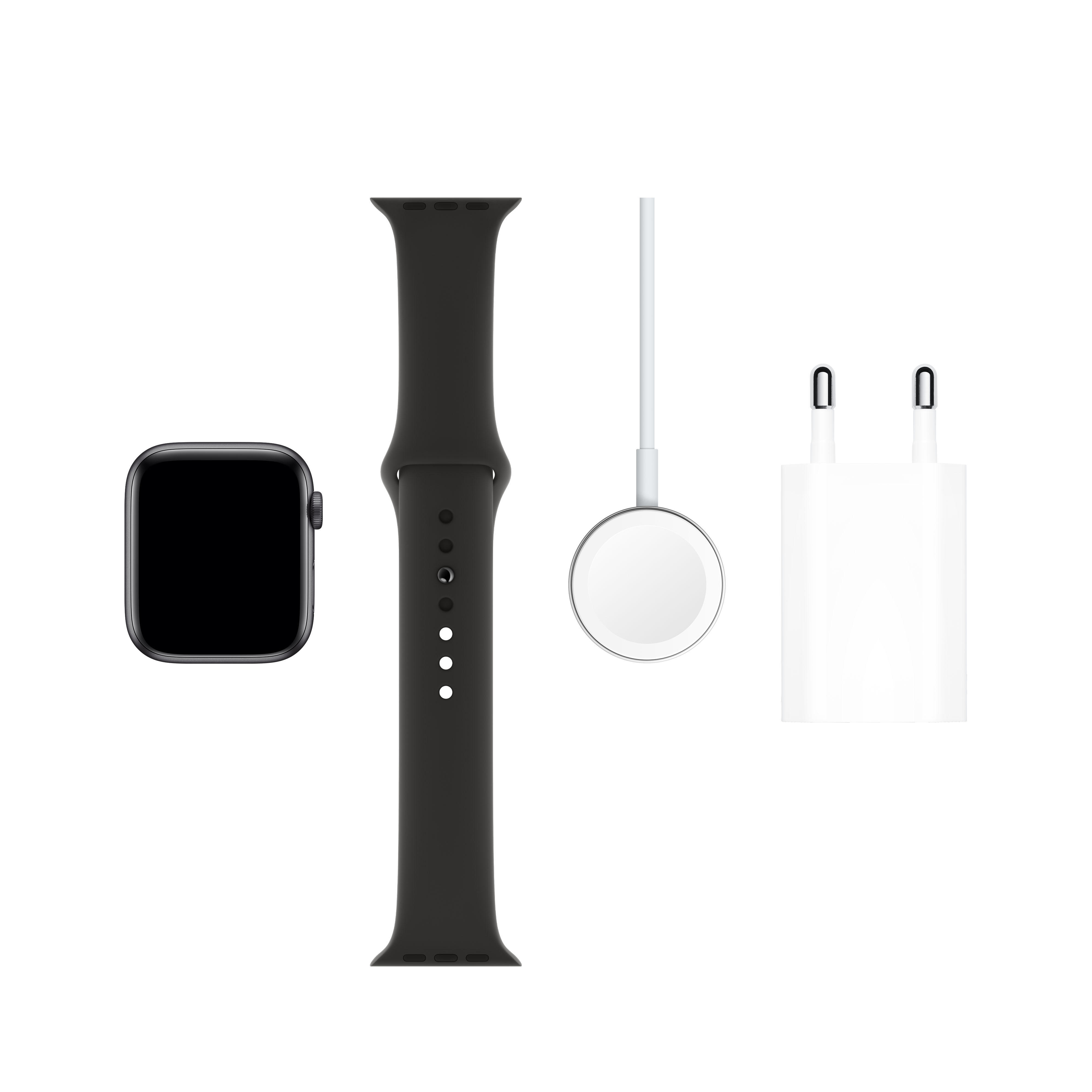 APPLE Watch Series 5 (GPS + Cellular) 44mm Smartwatch Aluminium Fluorelastomer, 140 - 200 mm , Armband: Schwarz, Gehäuse: Space Grey