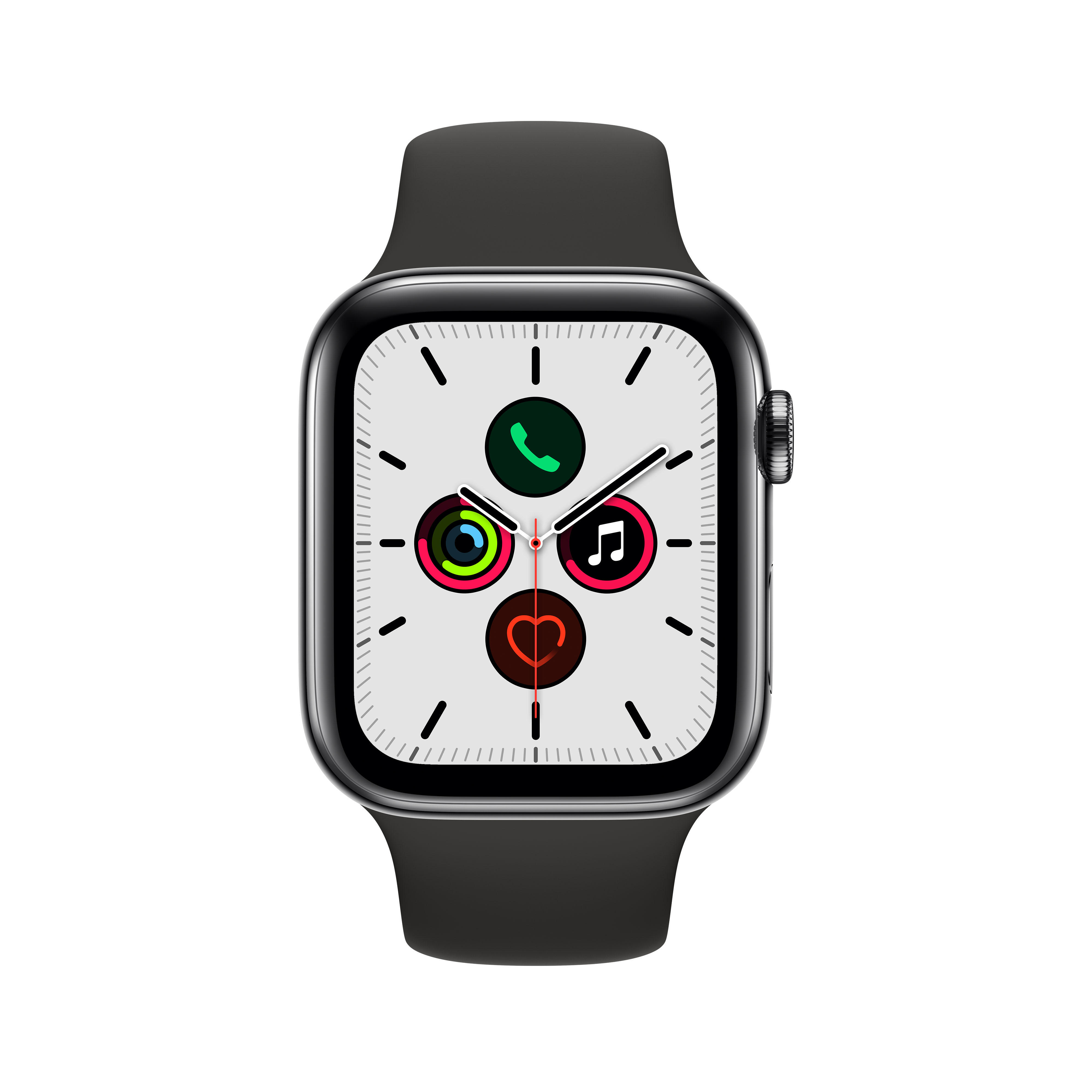 APPLE Watch Series 5 (GPS + Cellular) 44mm Smartwatch Edelstahl Fluorelastomer, 140 - 200 mm , Armband: Schwarz, Gehäuse: Edelstahl Schwarz