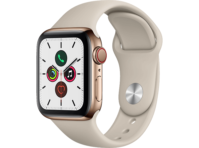 APPLE Watch Series 5 (GPS + Cellular) 40mm Smartwatch Edelstahl Fluorelastomer, 130 - 200 mm, Armband: Stein, Gehäuse: Edelstahl Gold