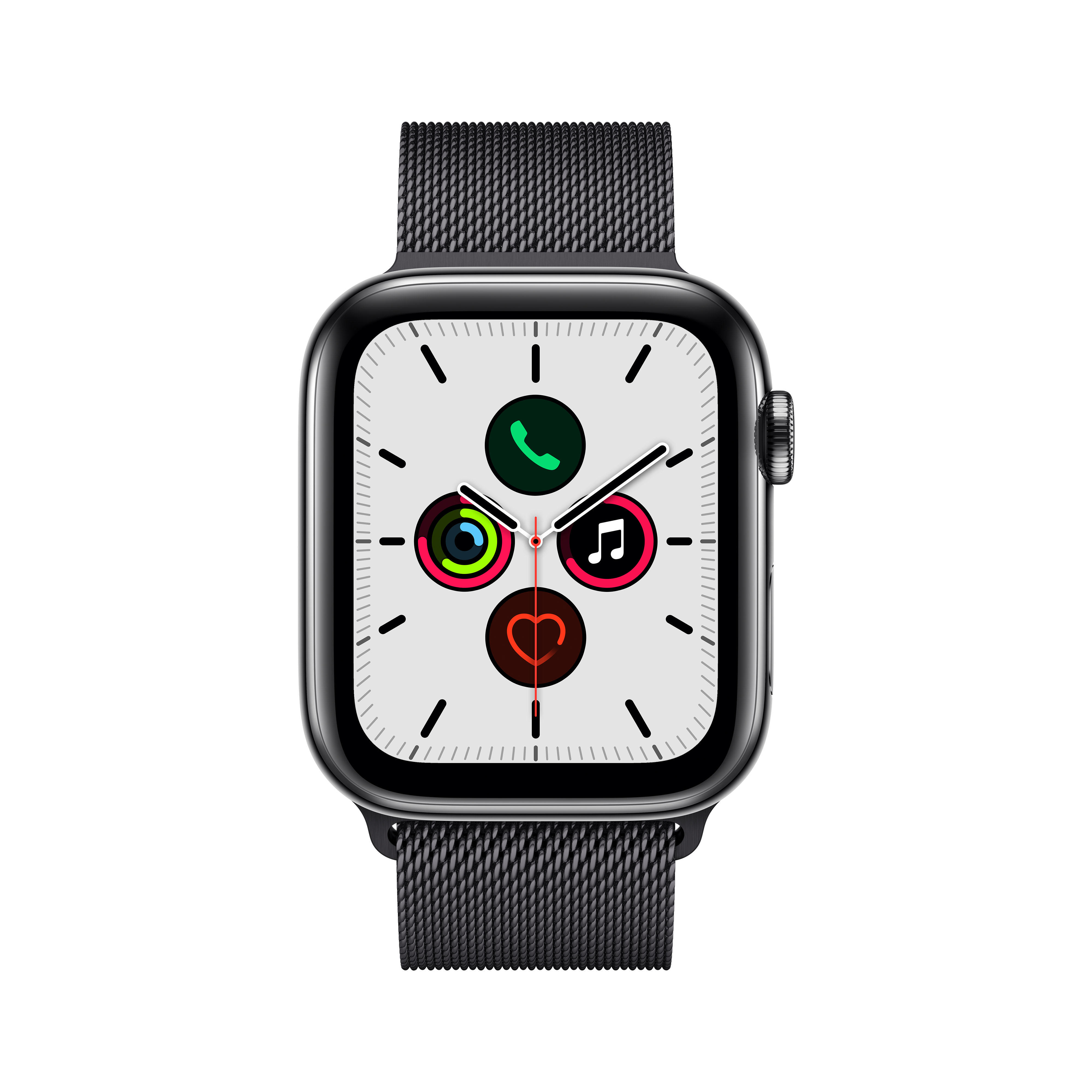 APPLE Watch Series 5 (GPS + Cellular) 44mm Smartwatch Edelstahl Edelstahl, 140 - 200 mm , Armband: Schwarz  Milanaise, Gehäuse: Edelstahl Schwarz