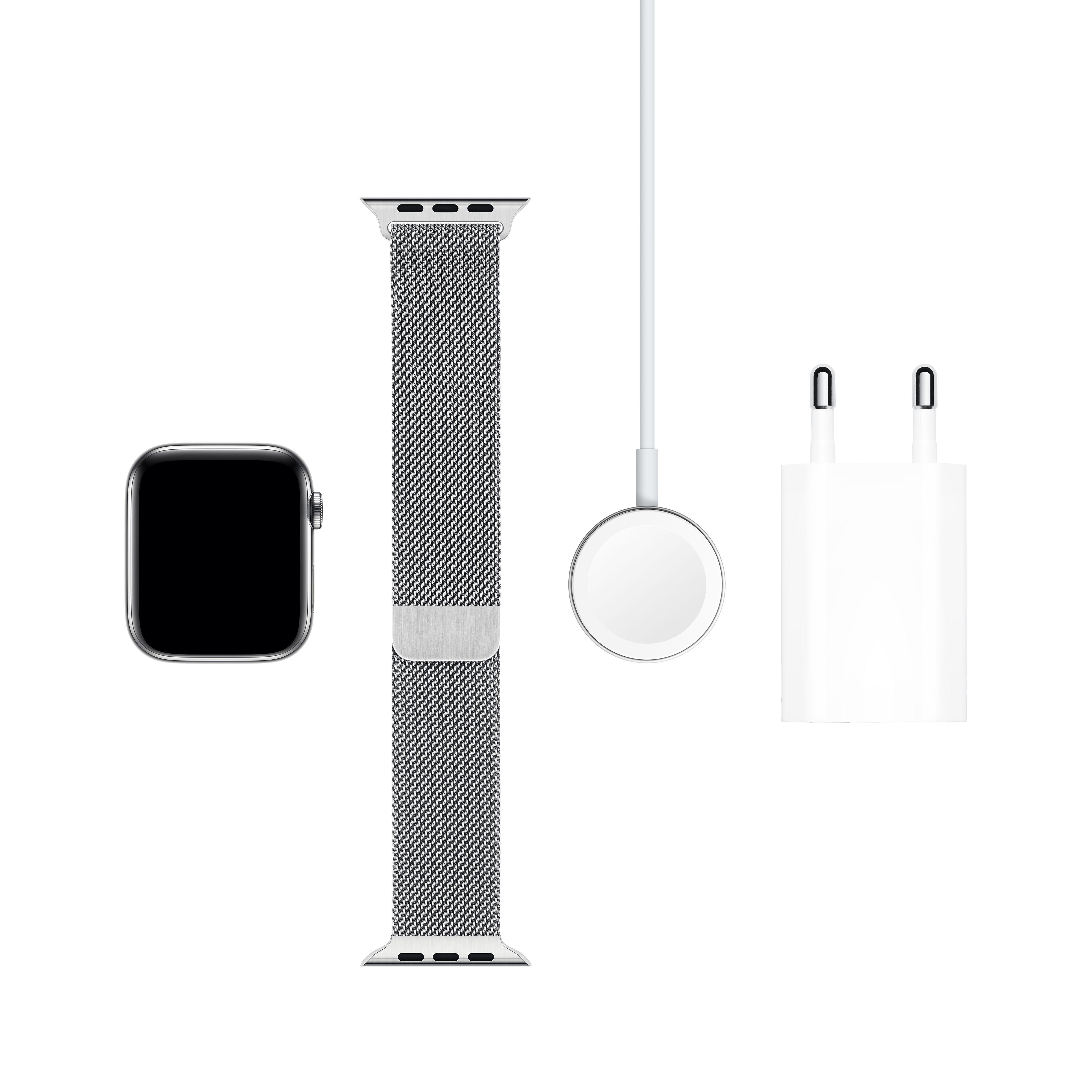 APPLE Watch Series 5 (GPS + Cellular) 44mm Smartwatch Edelstahl Edelstahl, 140 - 200 mm , Armband: Silber Milanaise, Gehäuse: Edelstahl