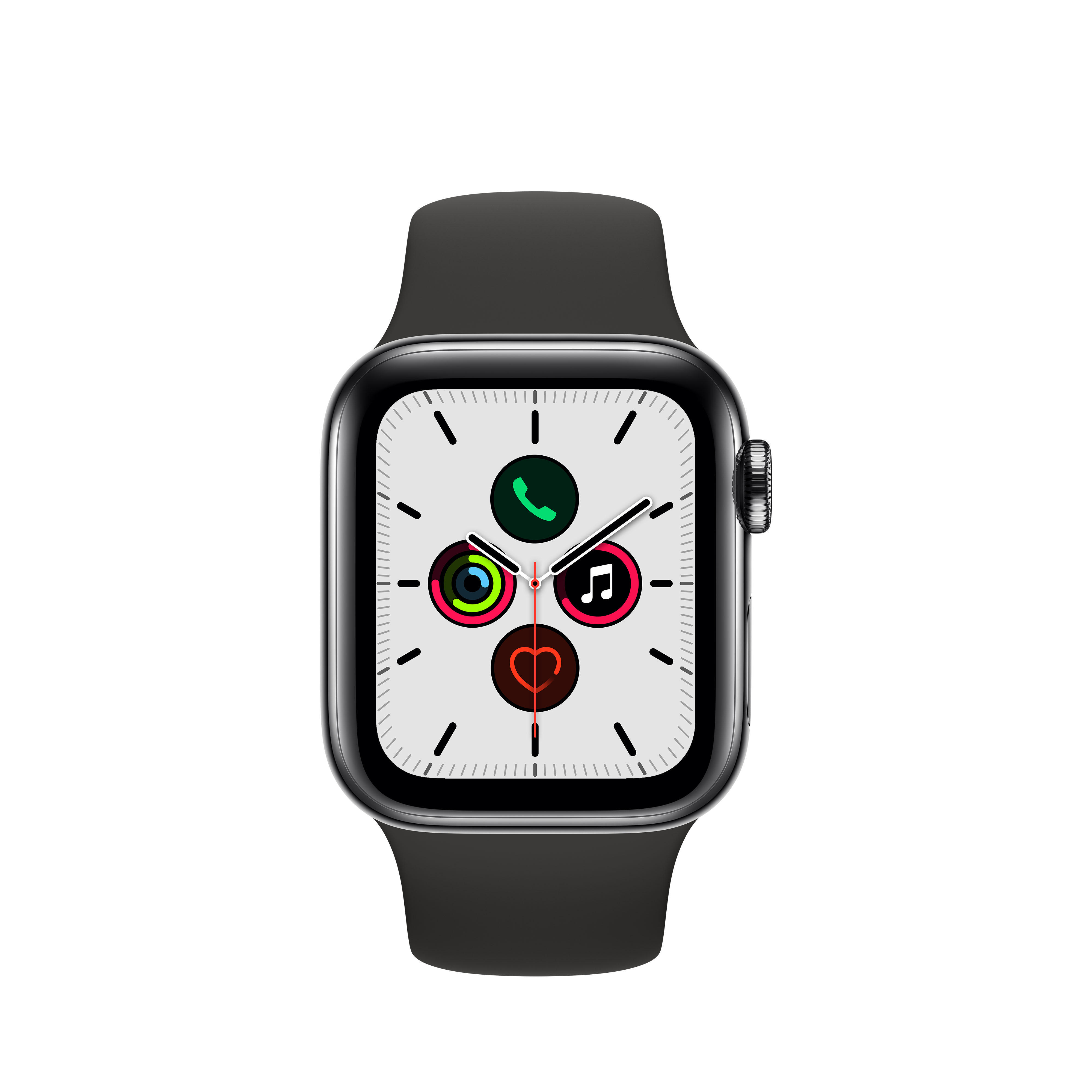 APPLE Watch Series 5 (GPS + Cellular) 40mm Smartwatch Edelstahl Fluorelastomer, 130 - 200 mm, Armband: Schwarz, Gehäuse: Edelstahl Schwarz