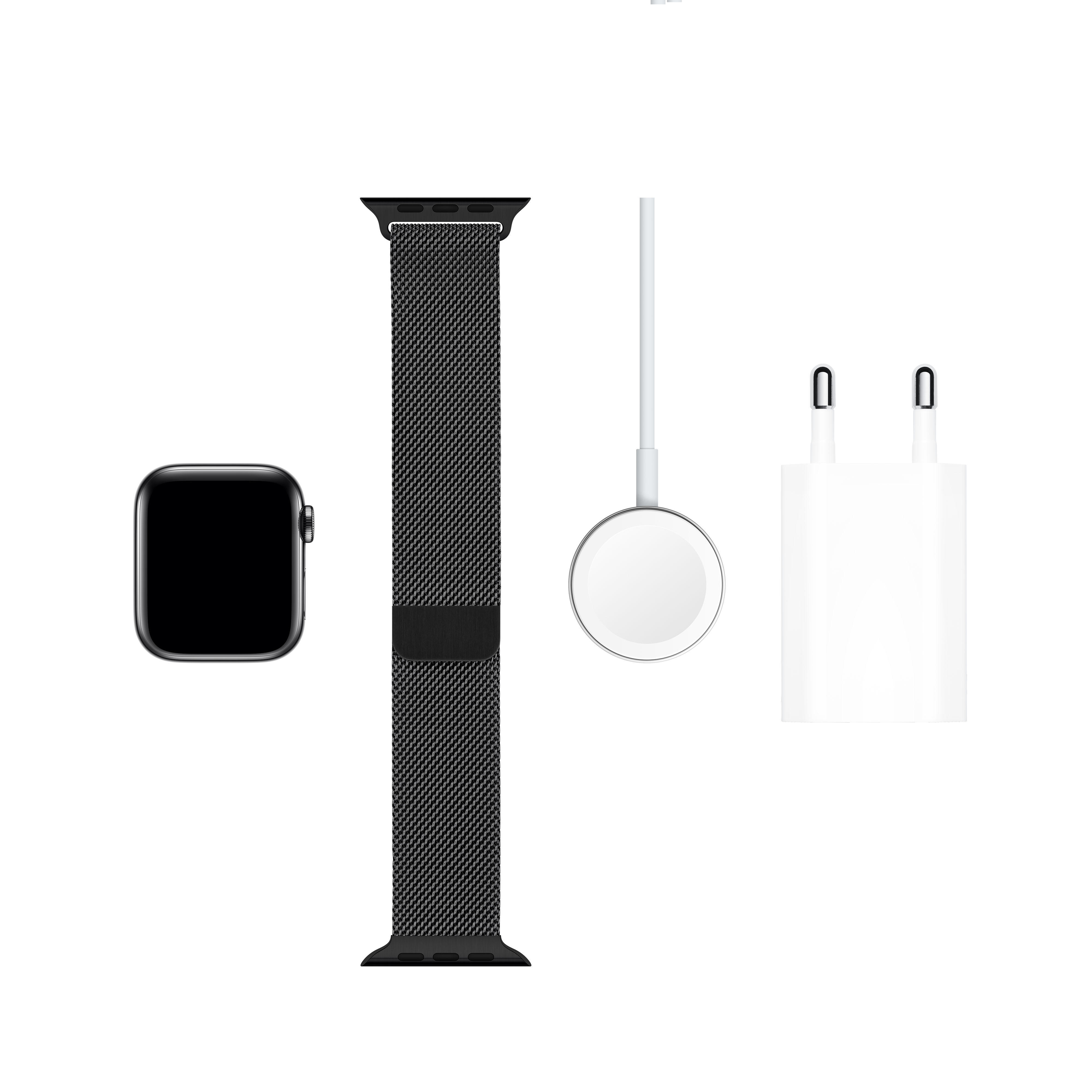 APPLE Watch Series 5 (GPS + Cellular) 40mm Smartwatch Edelstahl Edelstahl, 130 - 200 mm, Armband: Schwarz  Milanaise, Gehäuse: Edelstahl Schwarz