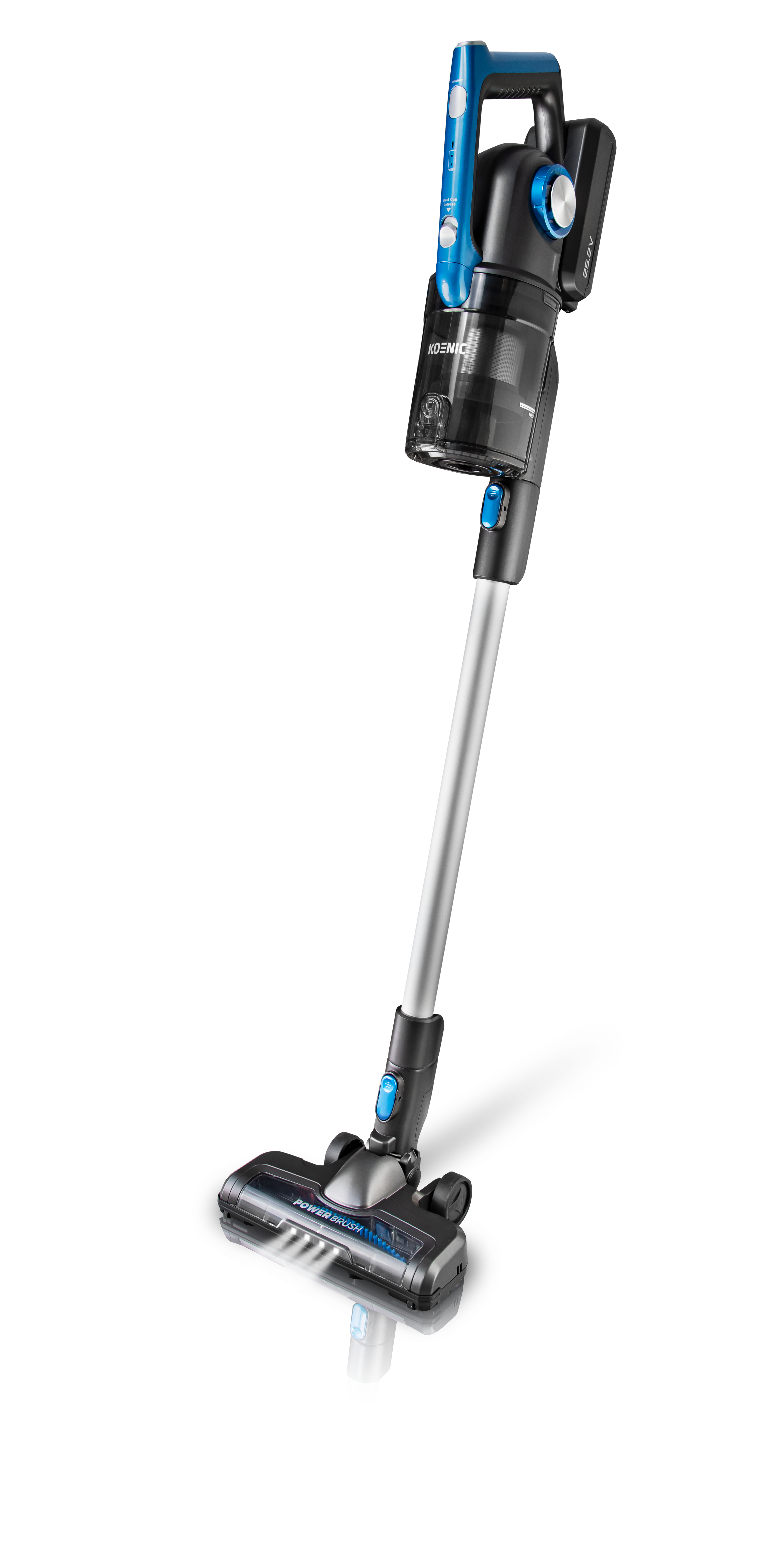Ein kabelloser Staubsauger in Schwarz und Blau auf schwarzem Hintergrund.